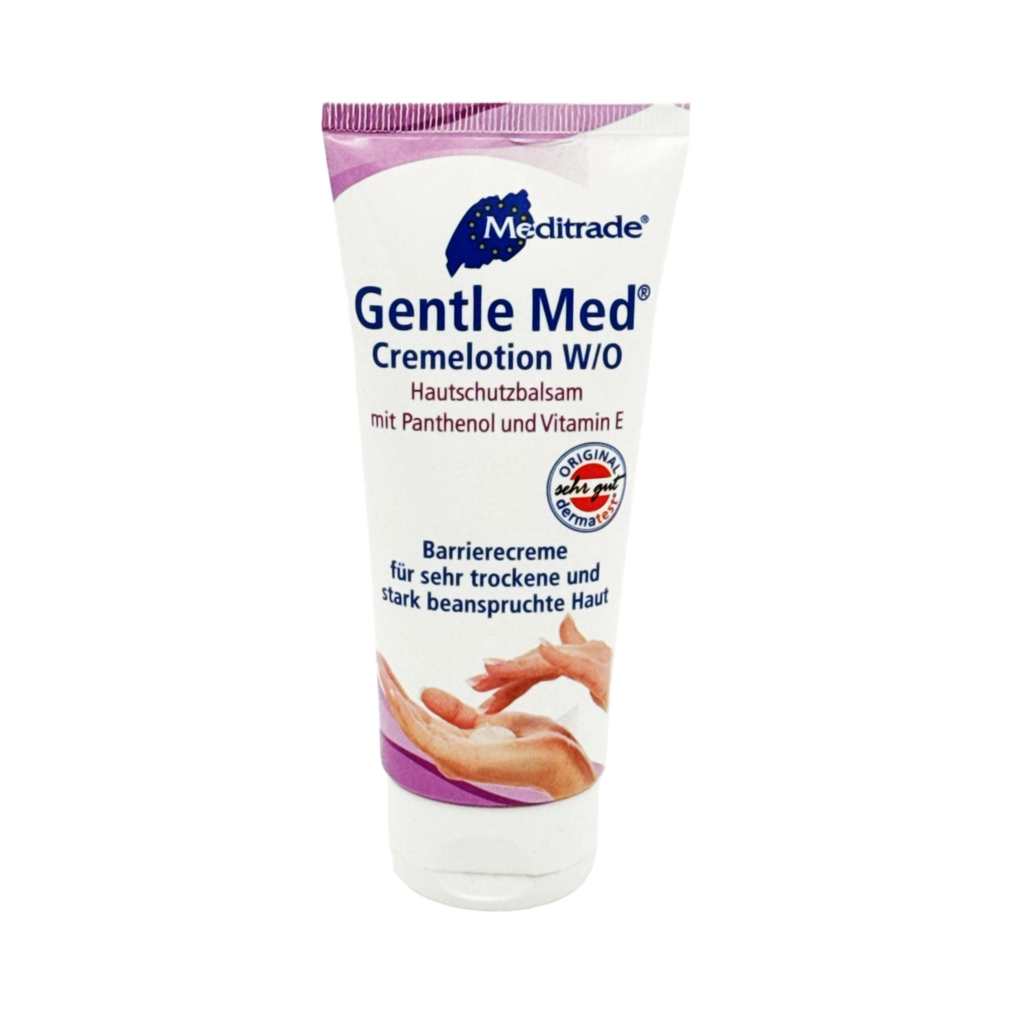 Cremelotion-Tube, weiß mit lila Akzenten. Beschriftung: Meditrade, Gentle Med Cremelotion W/O, Hautschutzbalsam mit Panthenol und Vitamin E. Siegel.