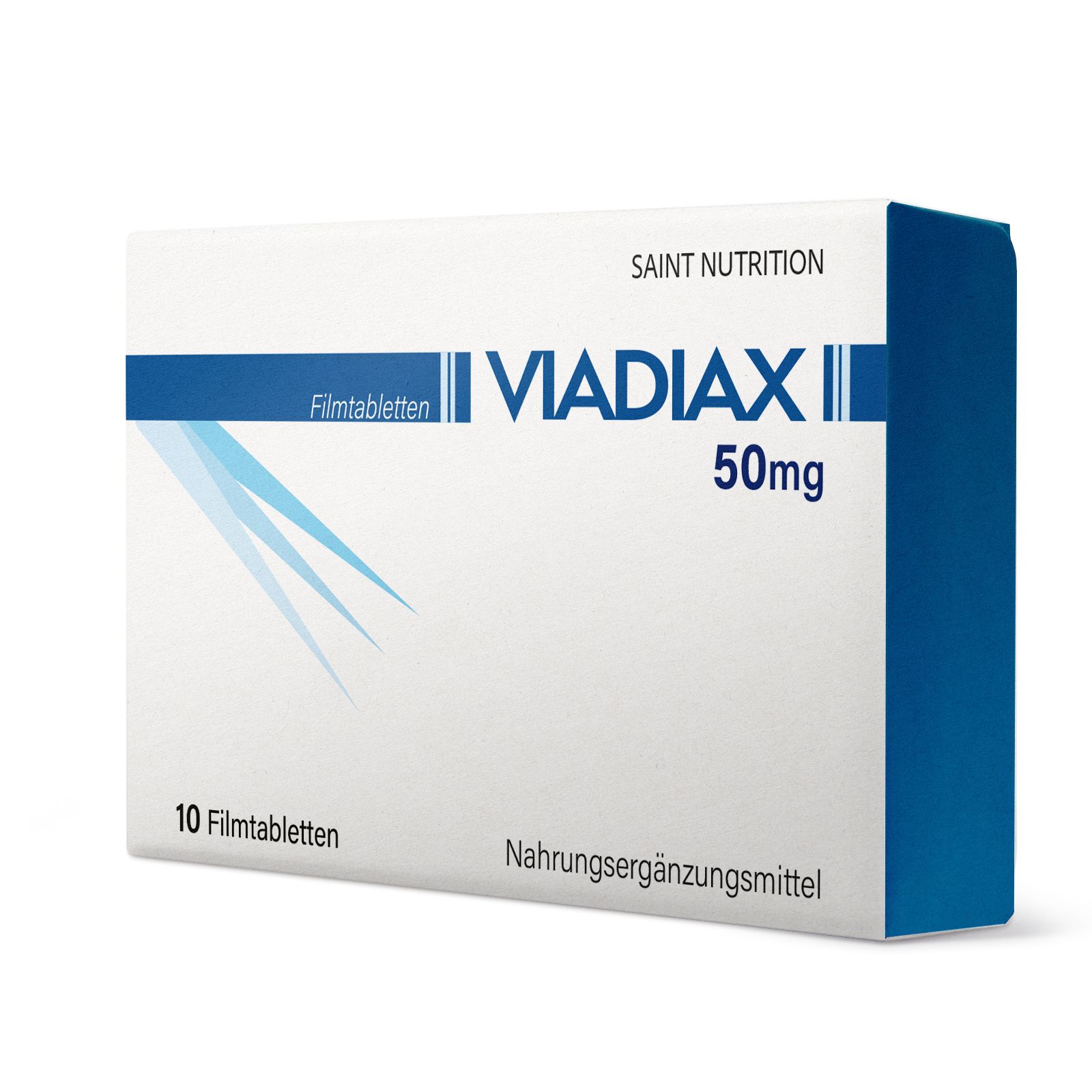 Weiße Schachtel mit blauer Akzentfarbe. Aufschrift: Viadiax 50mg Filmtabletten. 10 Filmtabletten. Nahrungsergänzungsmittel.