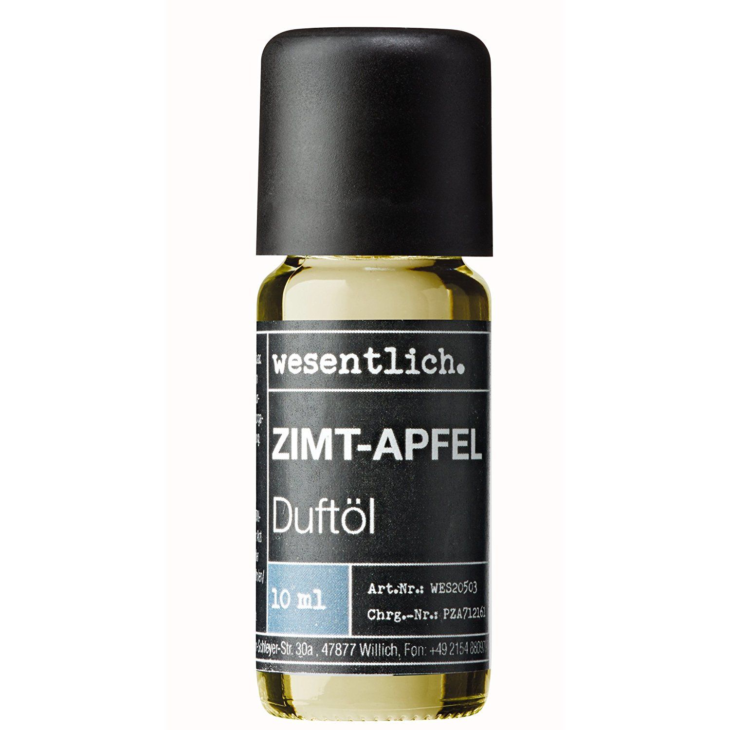 Braune Glasflasche mit schwarzem Deckel. Aufschrift: ZIMT-APFEL Duftöl, 10 ml. Marke: wesentlich.