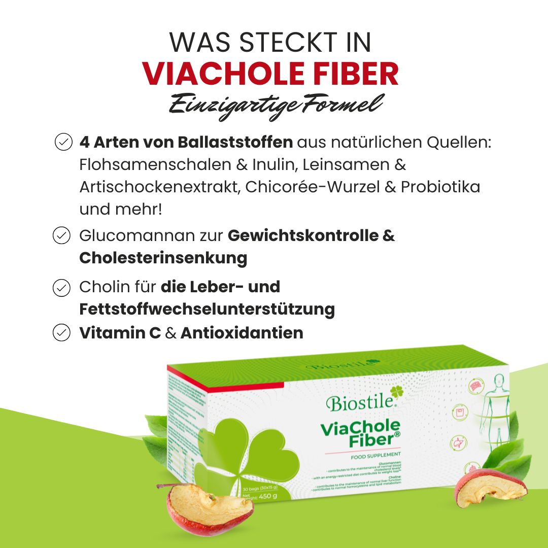 Infografik mit Biostile ViaChole Fiber-Verpackung. Text: Was steckt in ViaChole Fiber? 4 Ballaststoffarten, Glucomannan, Cholin, Vitamin C.