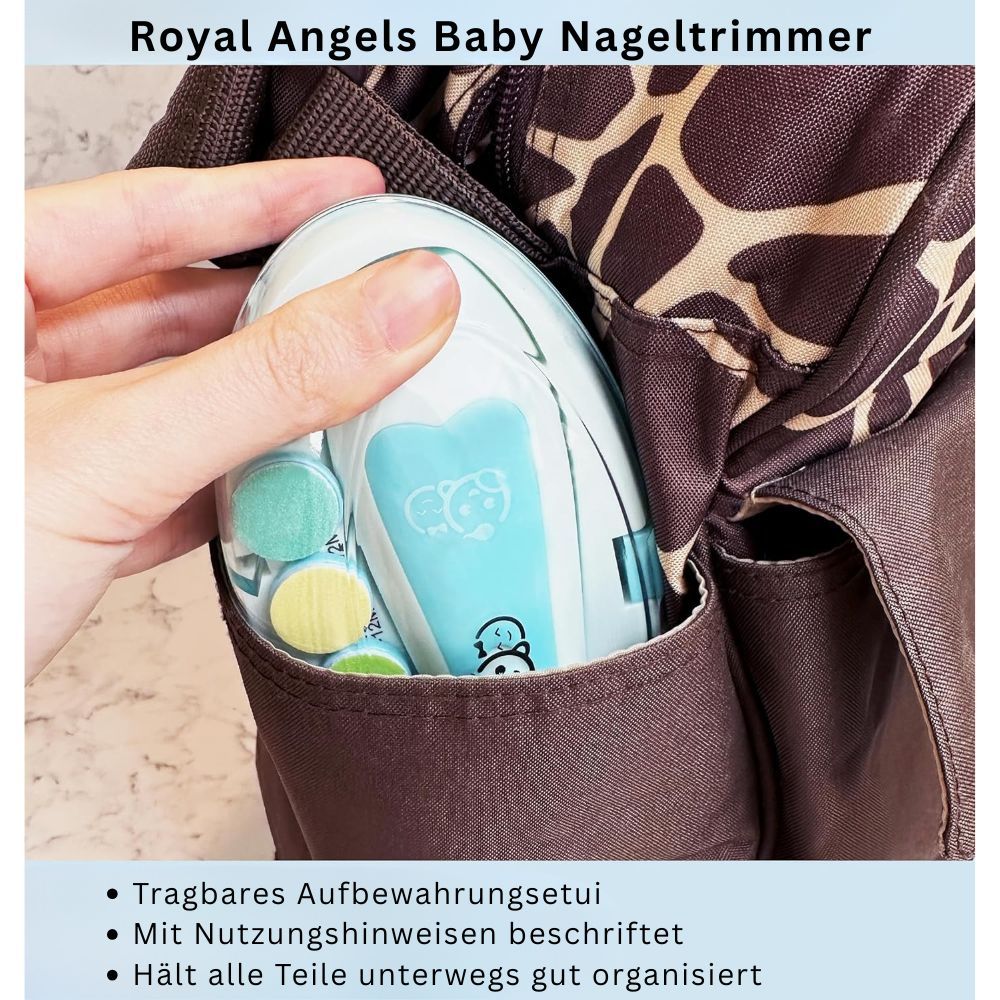 Tragbares Nagelpflegeset in einer Tasche. Enthält elektrische Feile und Aufsätze. Mit Aufbewahrungshinweisen.