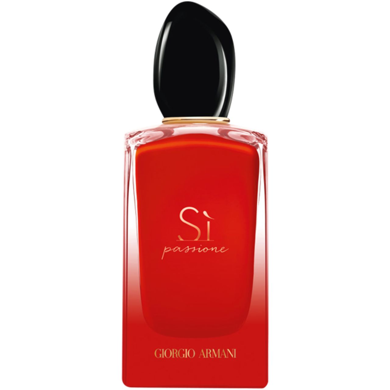 Roter Flakon mit schwarzem Verschluss. Aufschrift "Sì passione" und "Giorgio Armani".