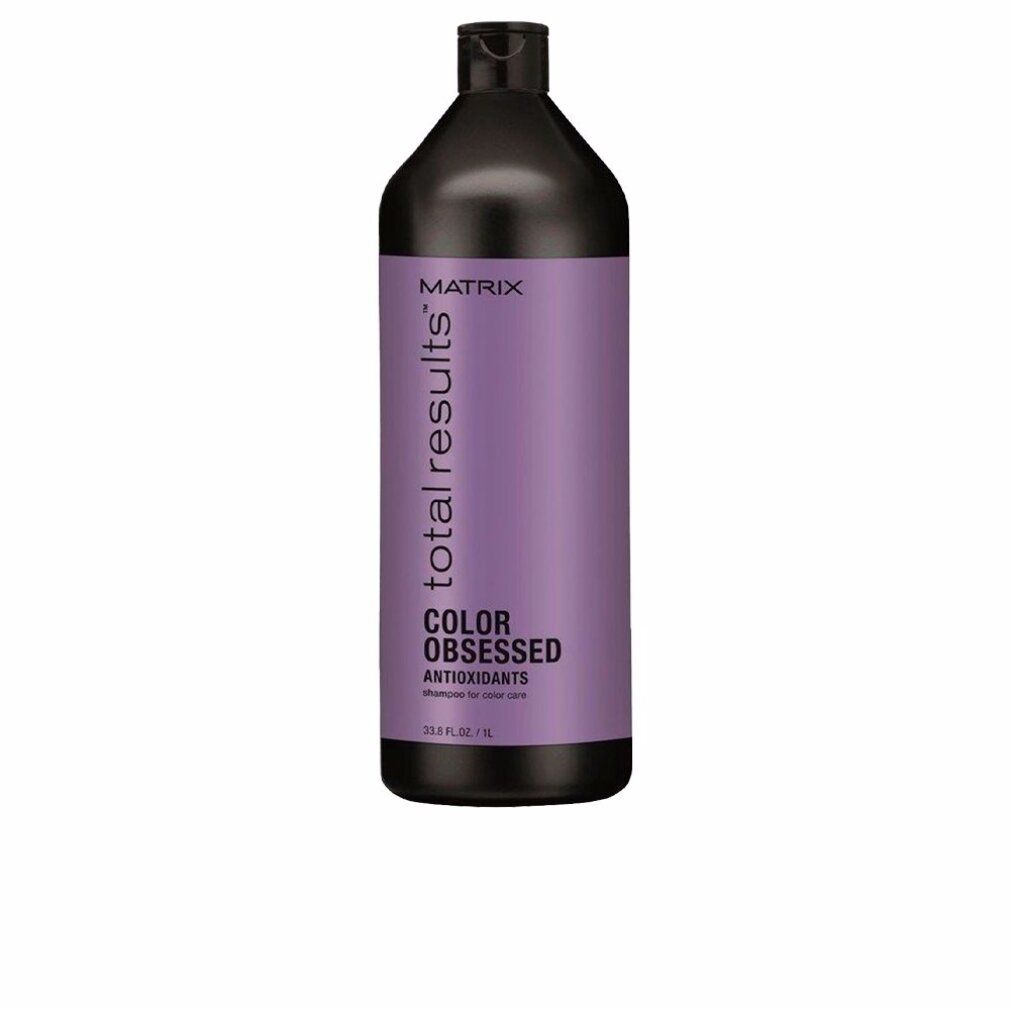 Schwarze Flasche mit lila Etikett. Aufschrift: Matrix Total Results Color Obsessed Shampoo. 1 Liter.