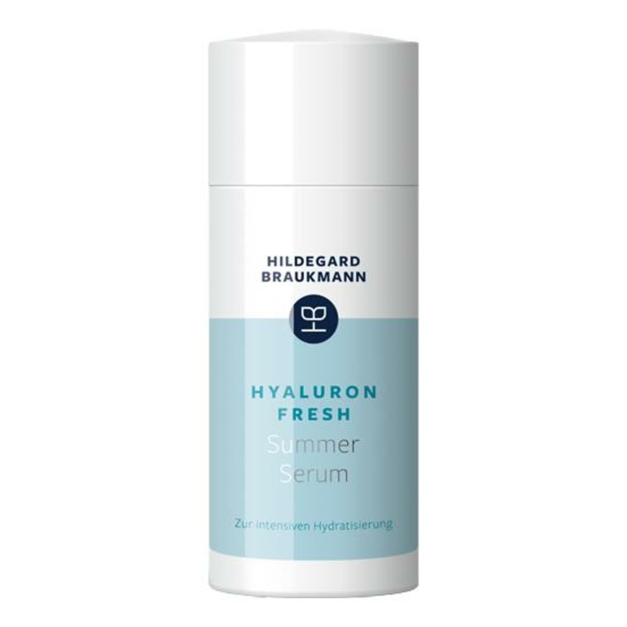 Hildegard Braukmann Hyaluron Fresh Summer Serum Spender mit Pumpmechanismus. Hellblaue Verpackung mit Wassertropfen-Design.