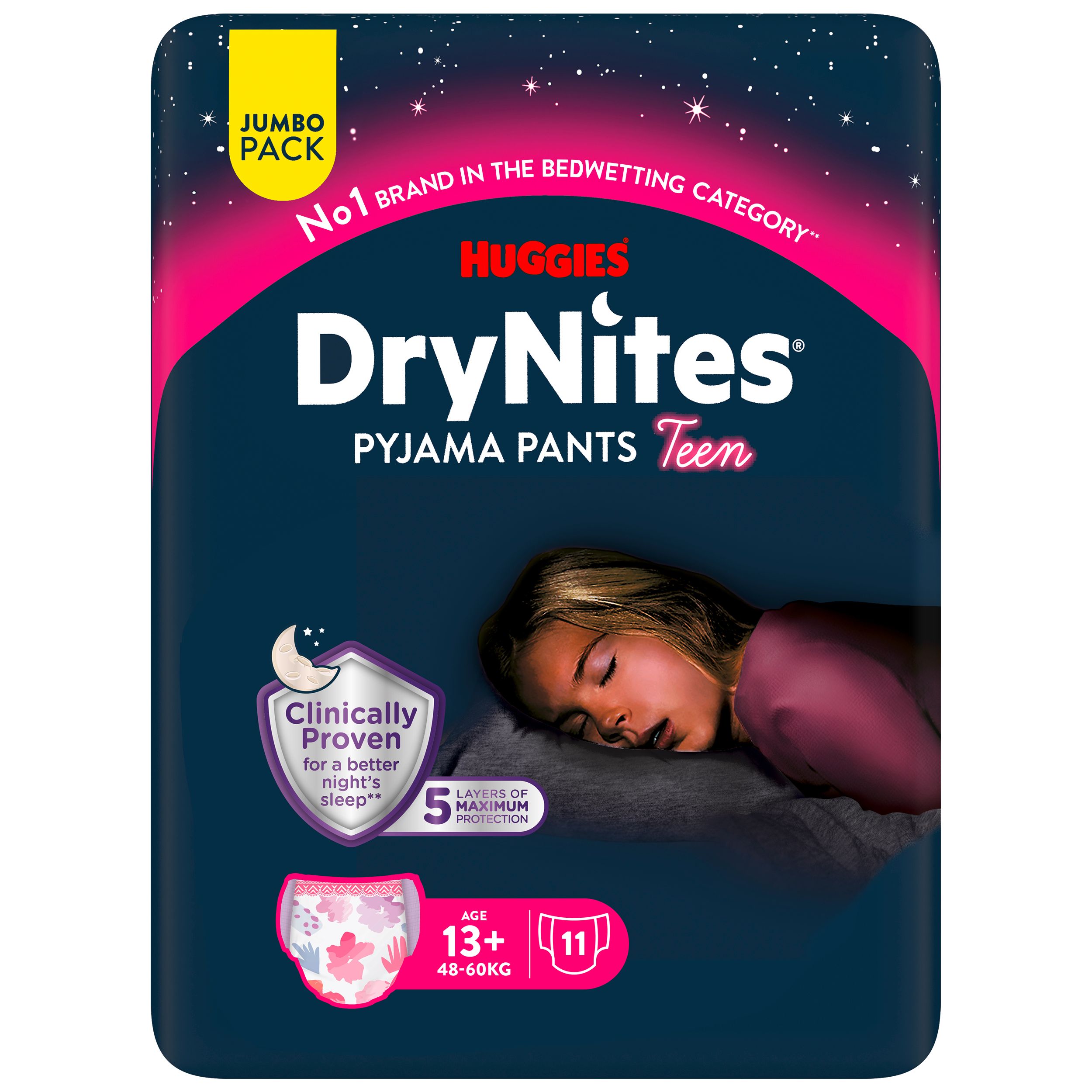 Huggies DryNites Pyjama Pants Teen. Jumbo Pack. Alter 13+, 48-60kg. 11 Stück. 5 Schutzschichten. Klinisch bewiesen.