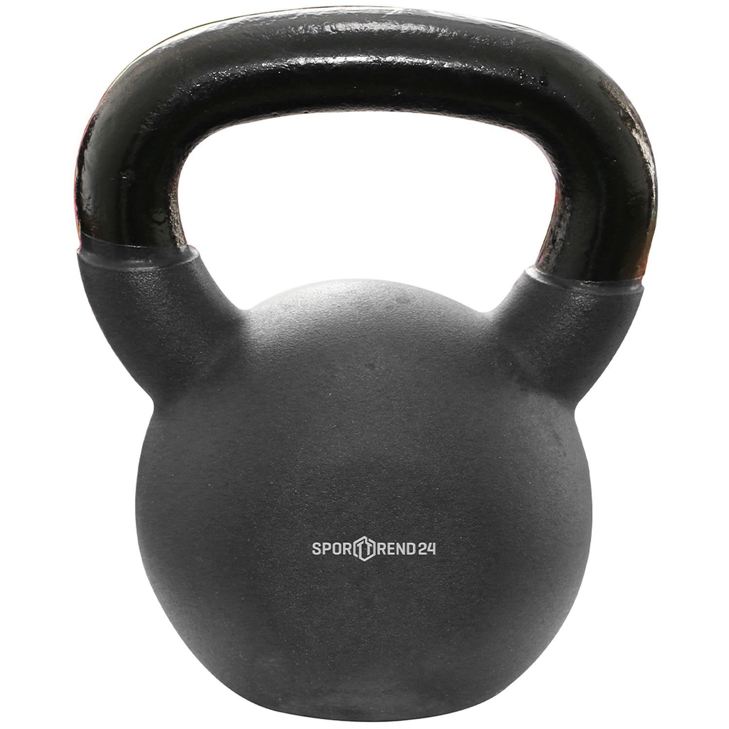 Schwarze Kettlebell mit schwarzem Griff. Sporttrend24 Logo. Kugelförmiger Körper mit Griff. Für Fitness-Training.