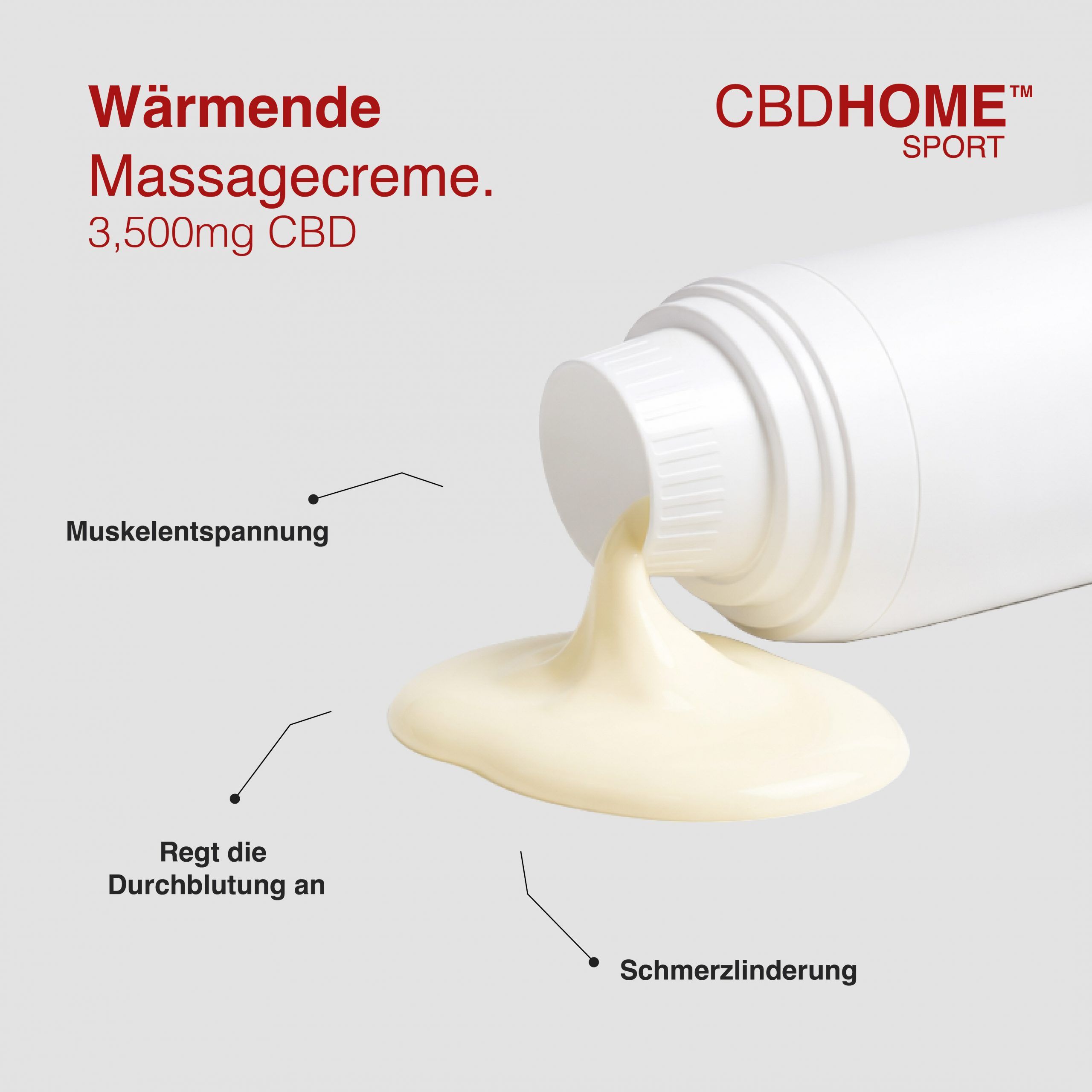 Creme fließt aus einer weißen Tube. Beschriftung: 'Wärmende Massagecreme. 3.500mg CBD'.