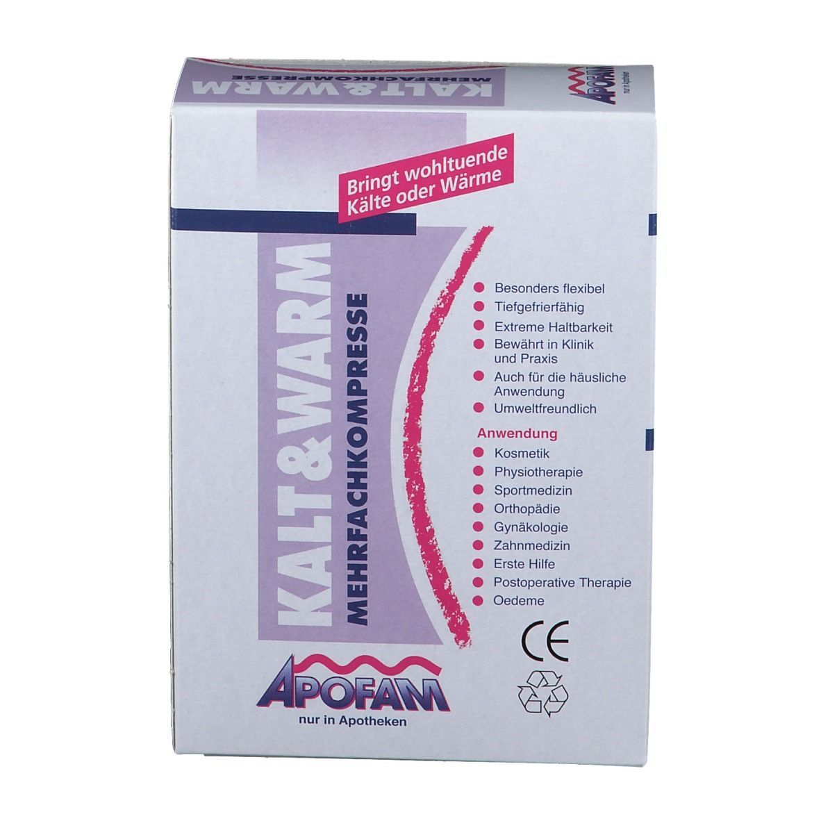 Verpackung der APOFAM Kalt & Warm Mehrfachkompresse. Text: Kalt & Warm, Mehrfachkompresse, APOFAM. CE-Zeichen.