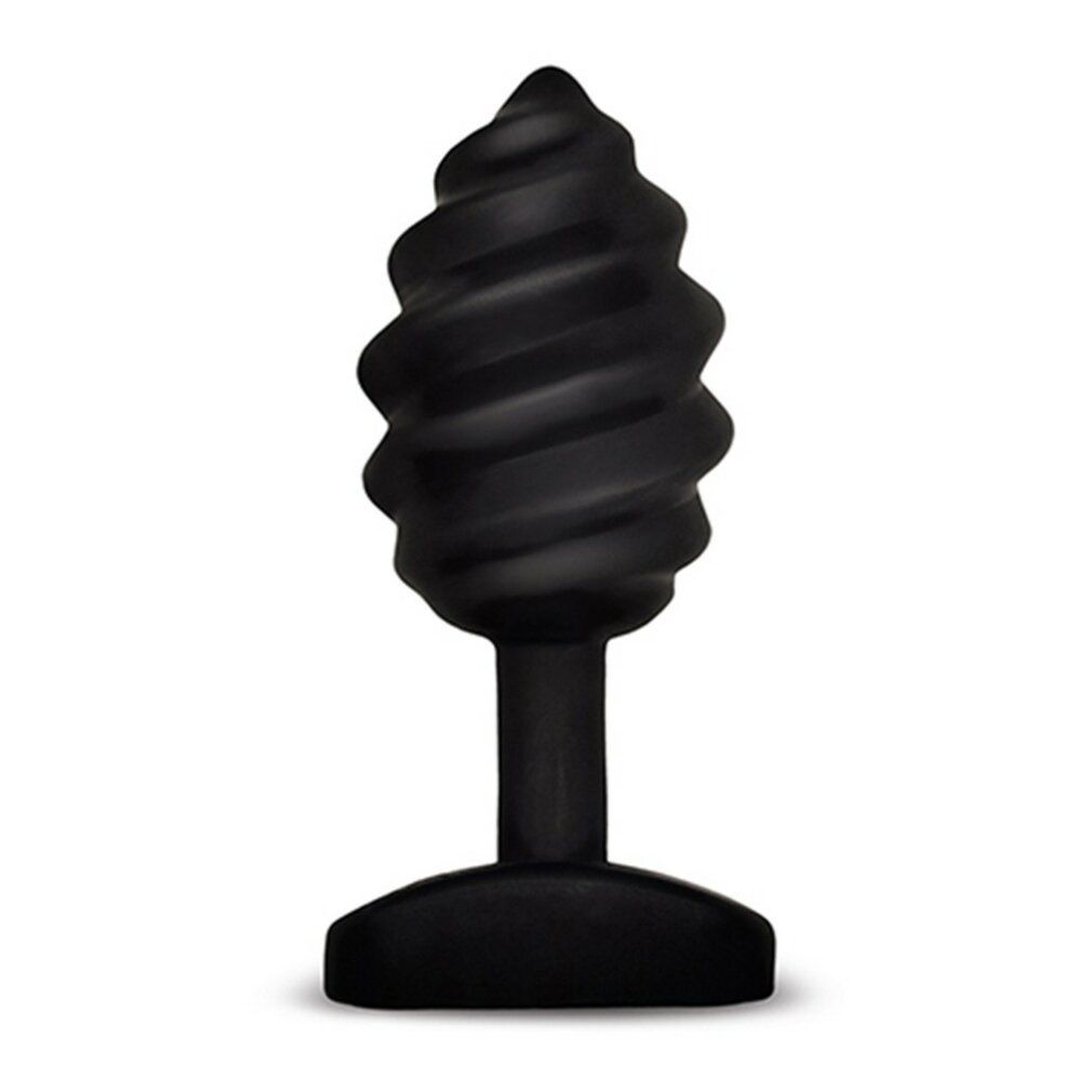 Schwarzer Plug mit spiralförmiger Spitze und breitem, flachem Sockel. Auf weißem Hintergrund.