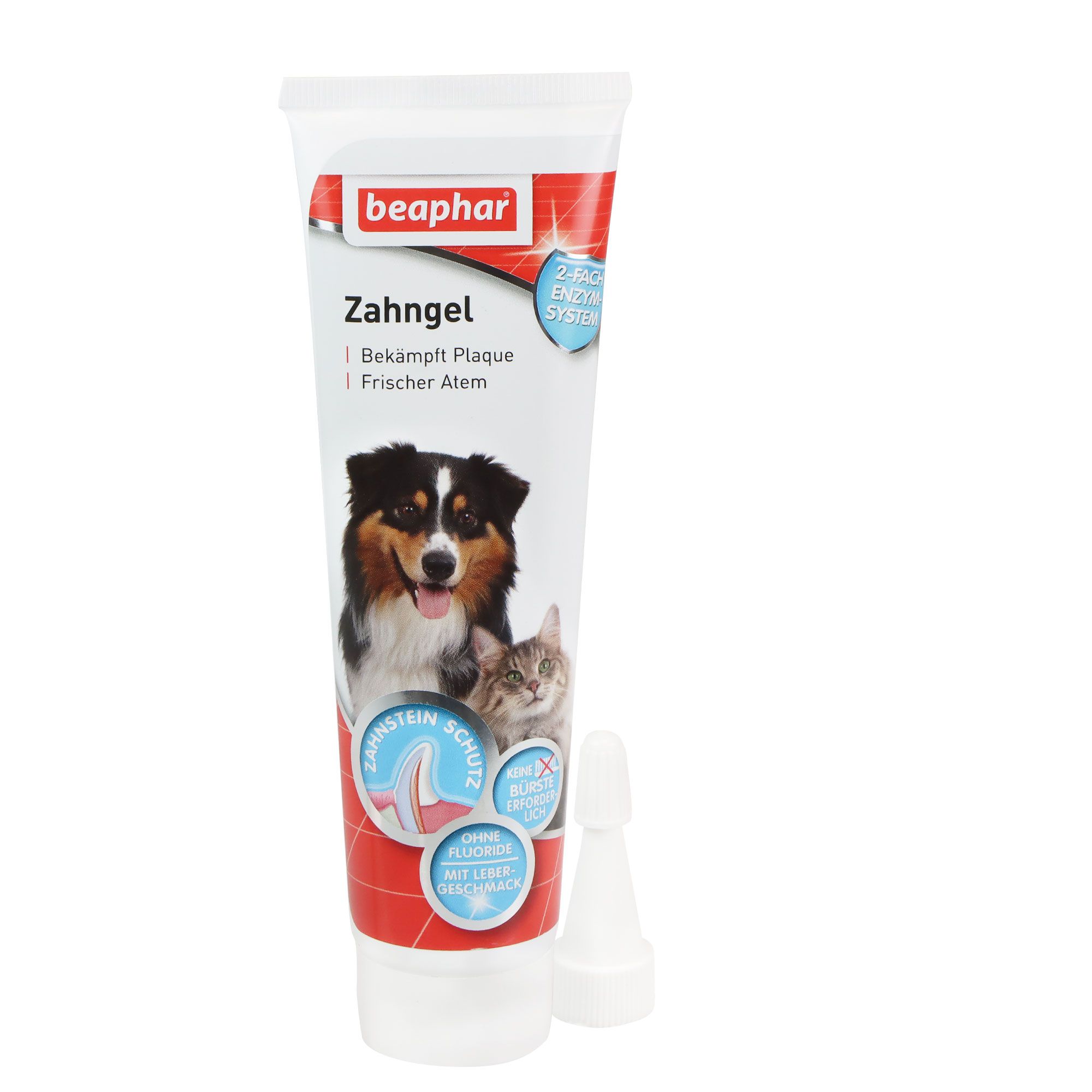 Zahngel-Tube mit separater Spitze. Beaphar-Logo. Abbildung eines Hundes und einer Katze. Text: Bekämpft Plaque, frischer Atem, ohne Fluoride.