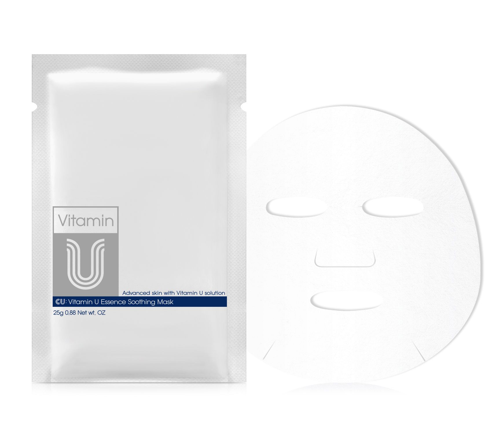 CUSKIN Vitamin U Essence Soothing Mask, Verpackung und Maske. Weiße Maske mit Gesichtsform.