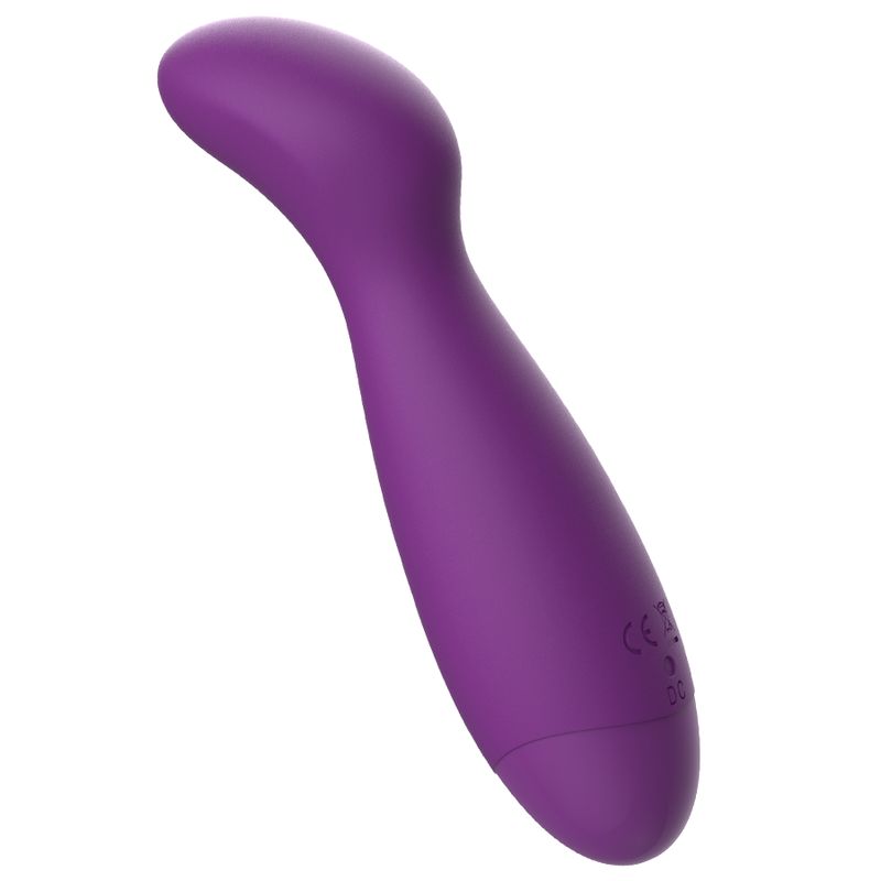 Lila Vibrator mit geschwungener Form. Auf der Unterseite befinden sich CE-Kennzeichen.