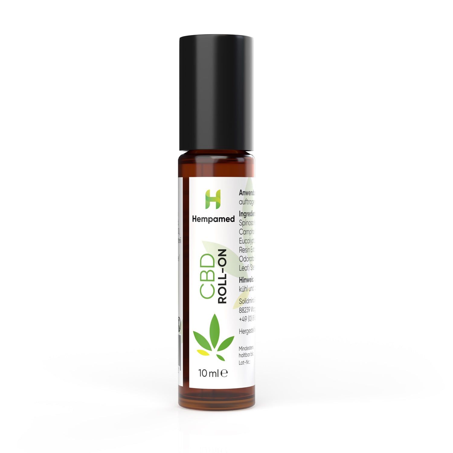 Braune Glasflasche mit schwarzem Deckel. Aufschrift CBD ROLL-ON und Logo. 10ml.