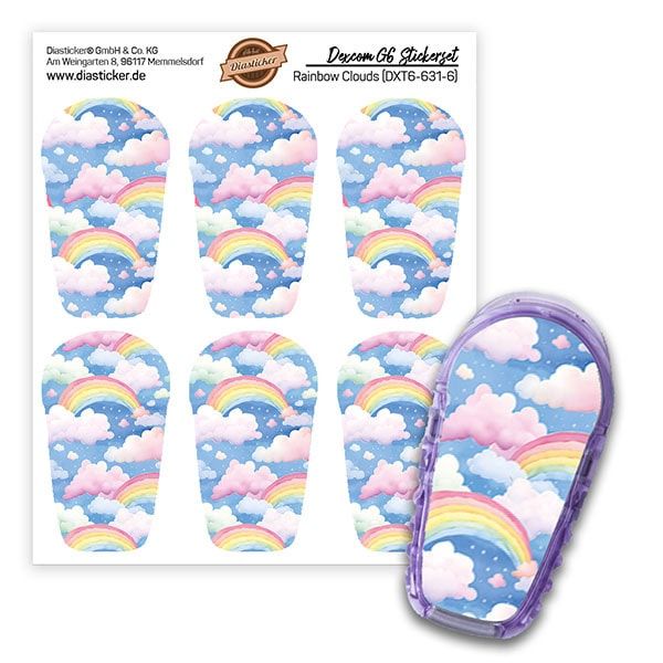 Aufkleber-Set mit Regenbogen-Wolken-Design. Enthält sechs Aufkleber und eine transparente Schutzhülle.
