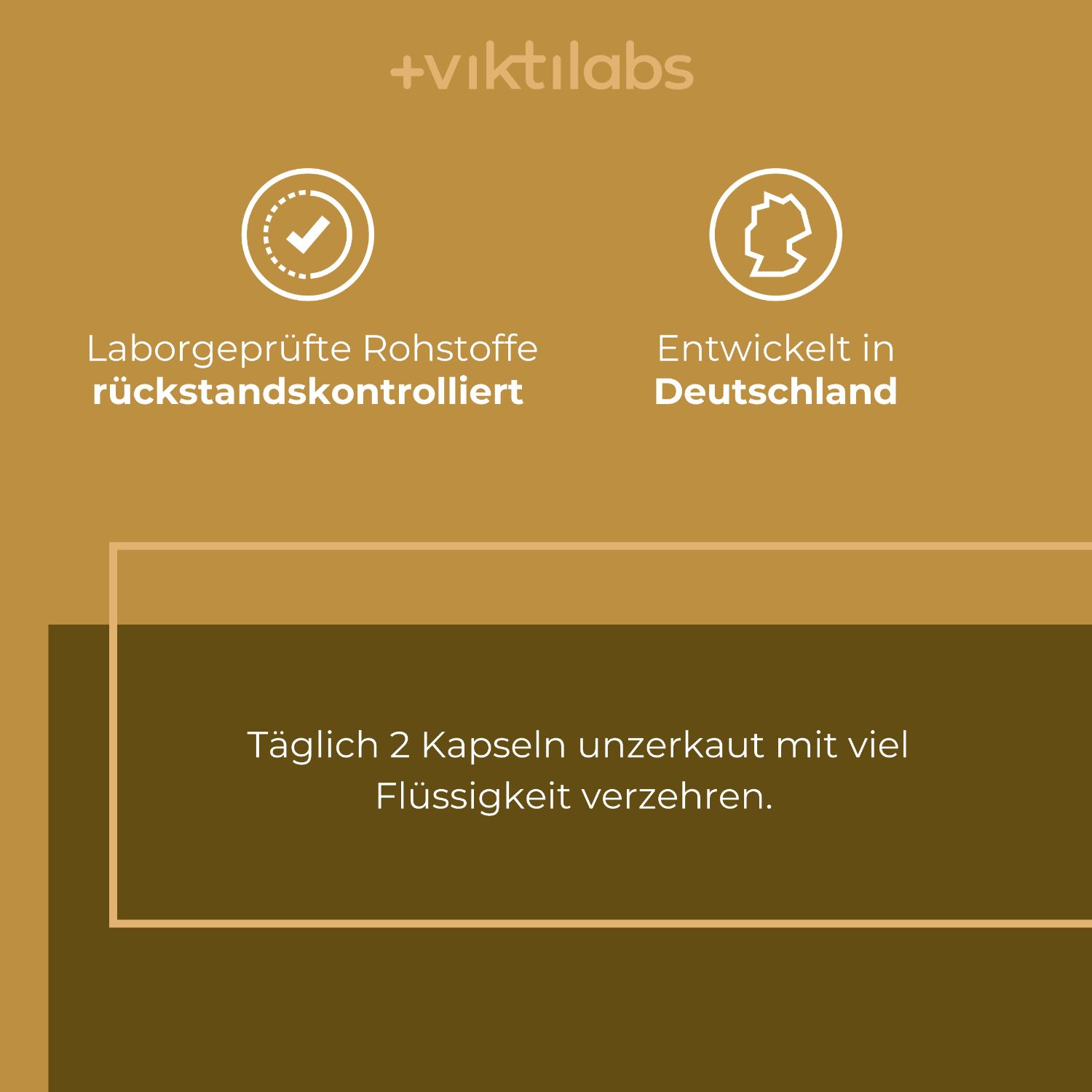 Siegel für laborgeprüfte Rohstoffe und Entwicklung in Deutschland, mit Einnahmehinweis.