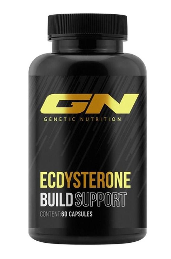 Schwarze Flasche mit goldfarbenem "GN"-Logo und "Ecdysterone Build Support"-Aufschrift. Enthält 60 Kapseln.