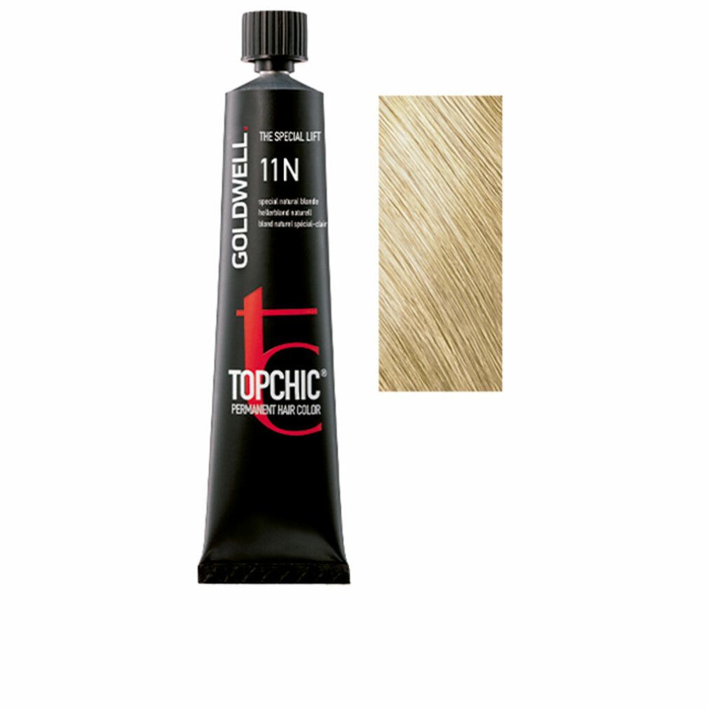 Schwarze Tube mit Goldwell Topchic 11N. Daneben ein blondes Haarsträhnenmuster. Text: Permanent Hair Color.