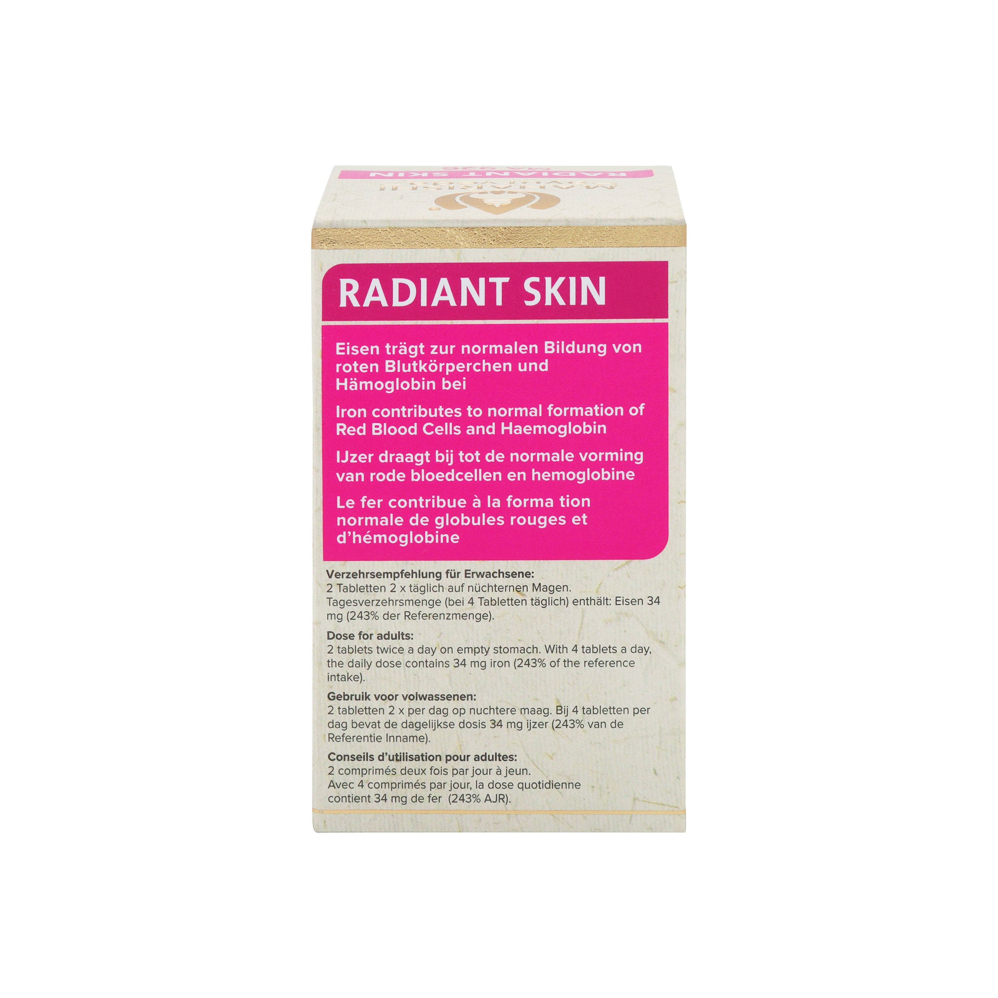 Verpackung mit Text: Radiant Skin. Text in Deutsch, Englisch, Niederländisch und Französisch. Rosa und weiß. Rückansicht.