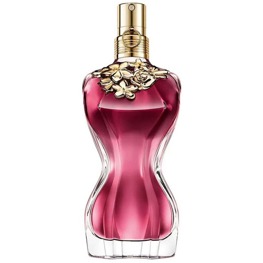 Jean Paul Gaultier La Belle Eau de Parfum Spray. Flakon in Frauenkörperform, rosa Flüssigkeit, goldfarbene Verzierungen.