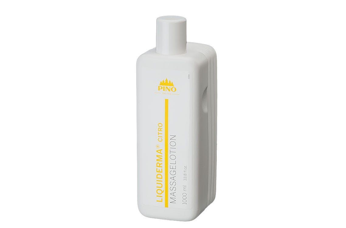 Weiße Flasche mit gelber Beschriftung. Aufschrift: Liquiderma Citro Massagelotion. Mit gelbem Streifen und Logo.