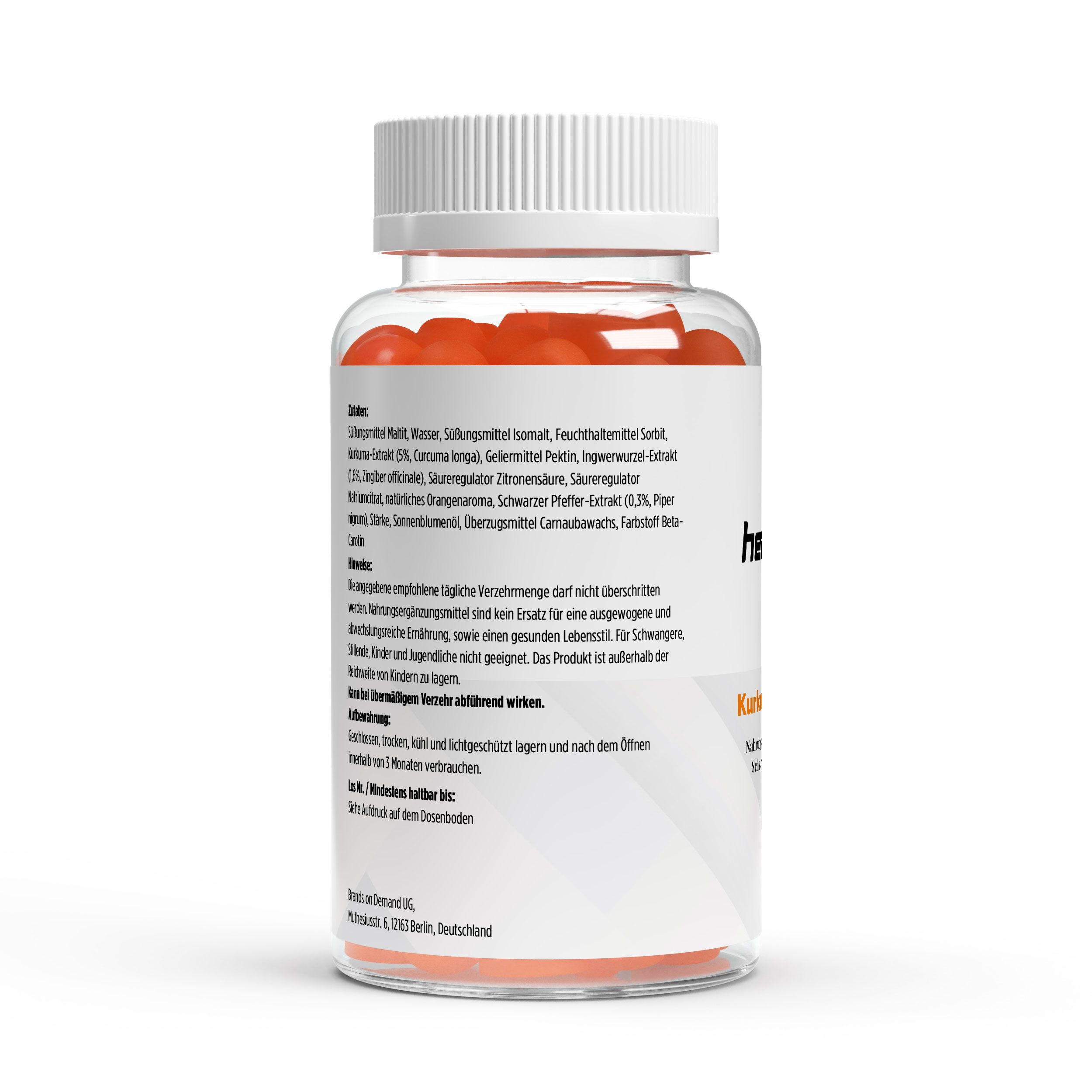 Transparente Flasche mit orangefarbenen Gummies. Weißes Etikett mit Text, darunter Zutatenliste. Weißer Deckel.