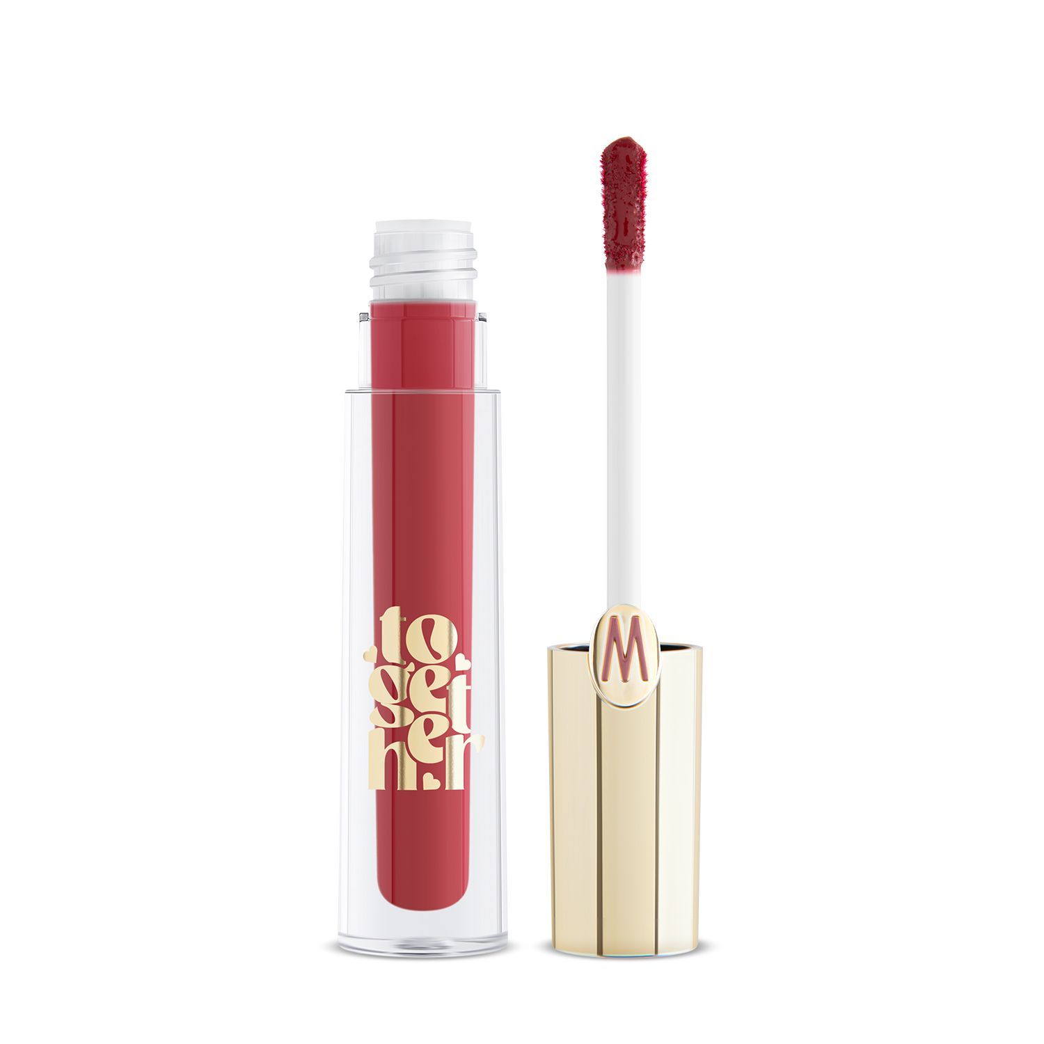Lucidalabbra rosso in tubo trasparente. Applicatore visibile. Tappo dorato con "W".
