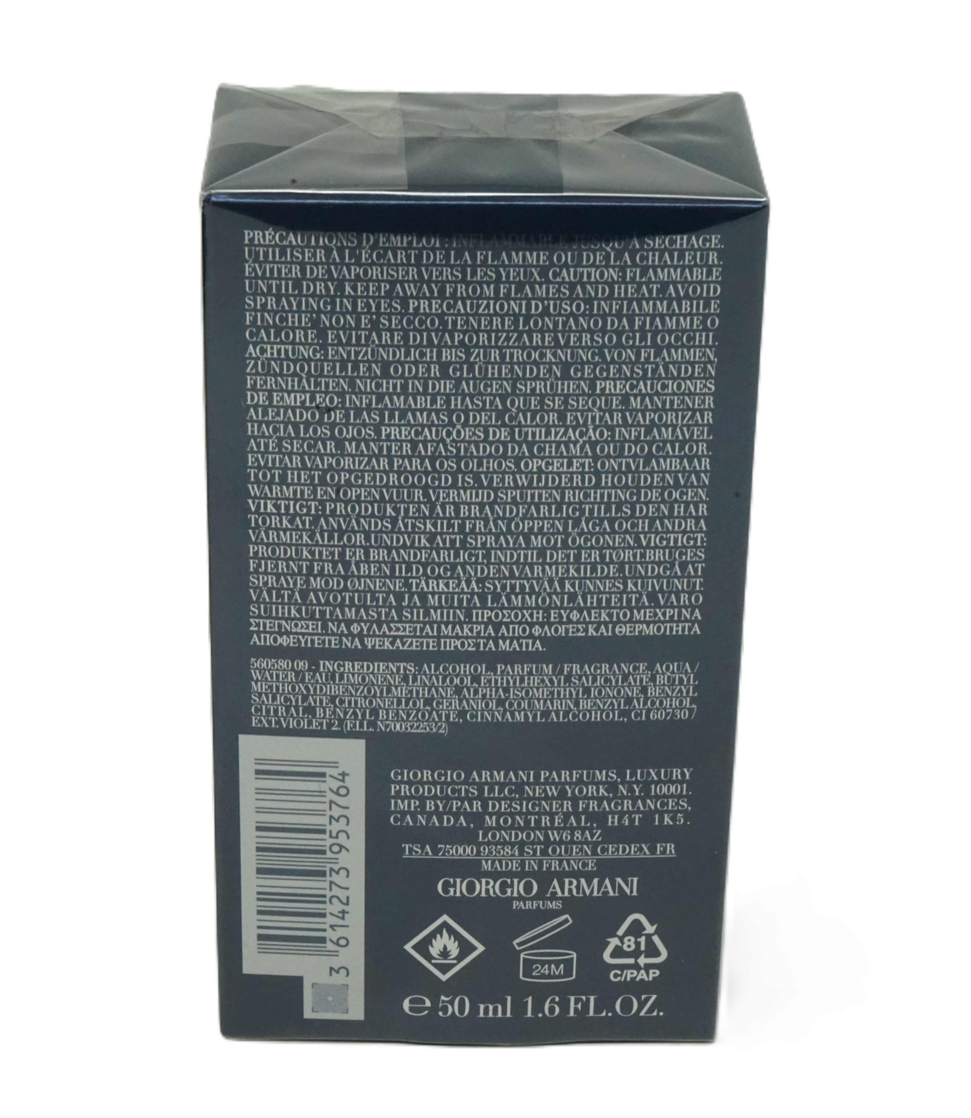 Rückseite der Parfum-Schachtel. Text in mehreren Sprachen. Giorgio Armani-Logo, Warnhinweise, Barcode, Volumen.