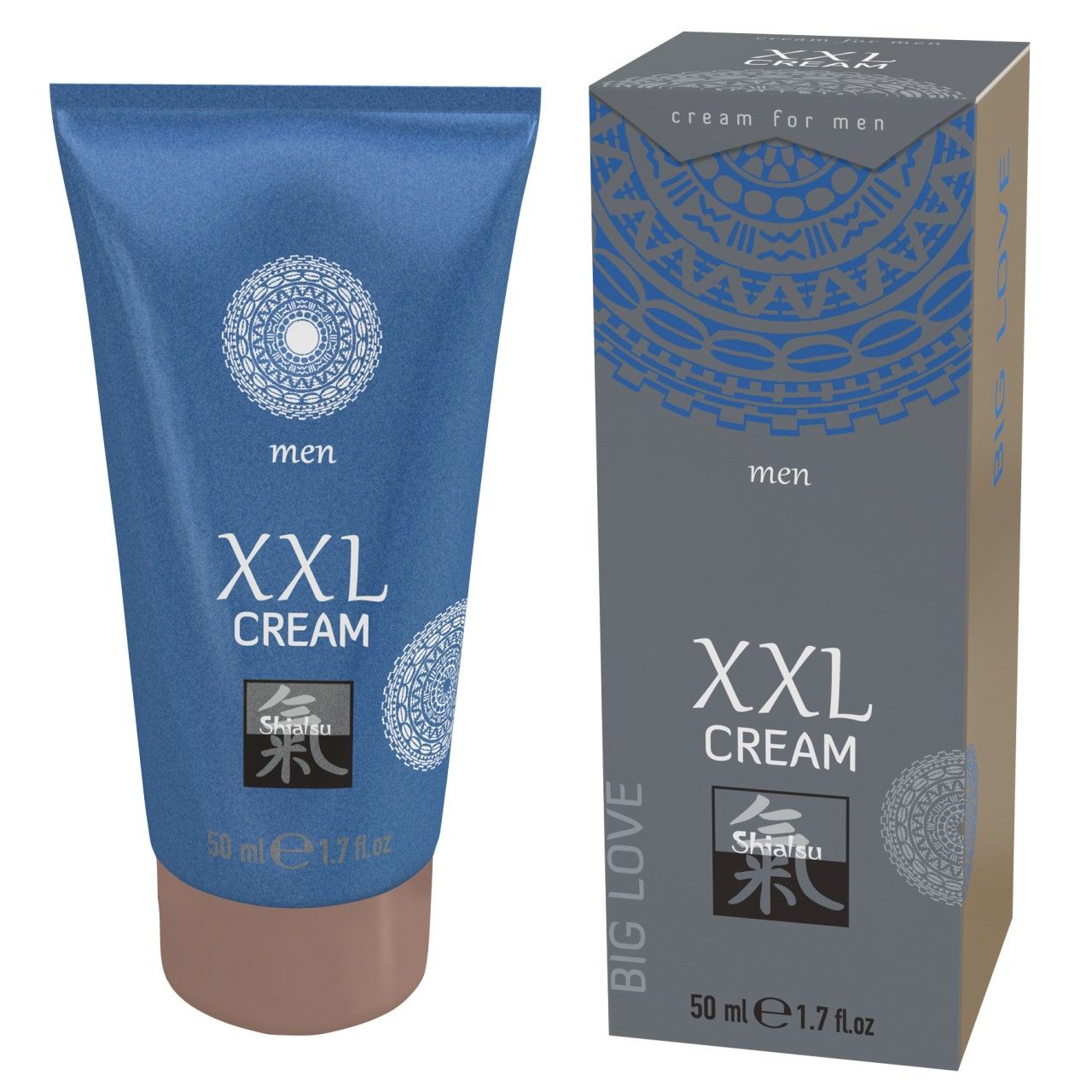 Blaue Tube und graue Schachtel. Beide mit "XXL CREAM"-Aufdruck, "Shiatsu"-Logo und "men". 50 ml.