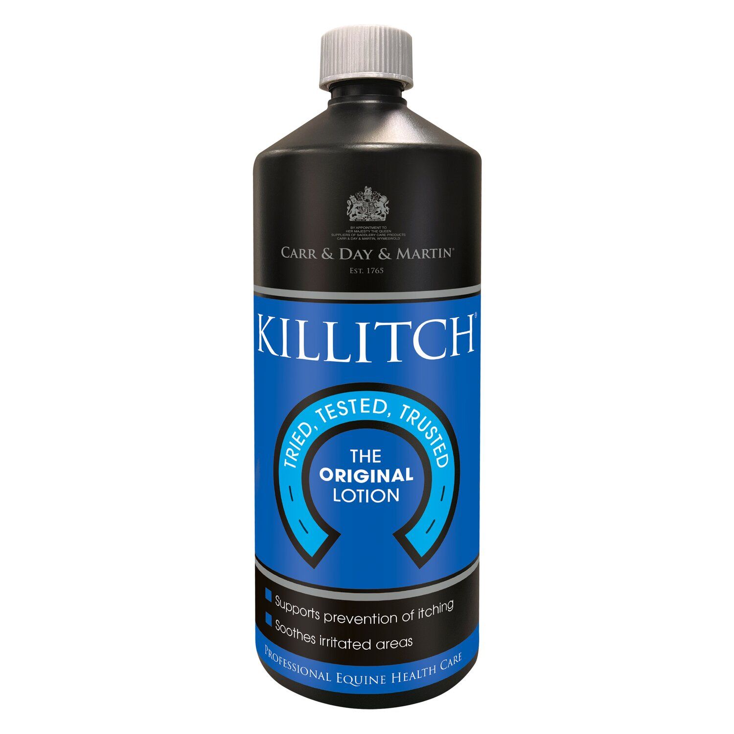 Schwarze Flasche mit weißem Deckel. Aufschrift KILLITCH, blaue Etikett mit Text. Marke Carr & Day & Martin.