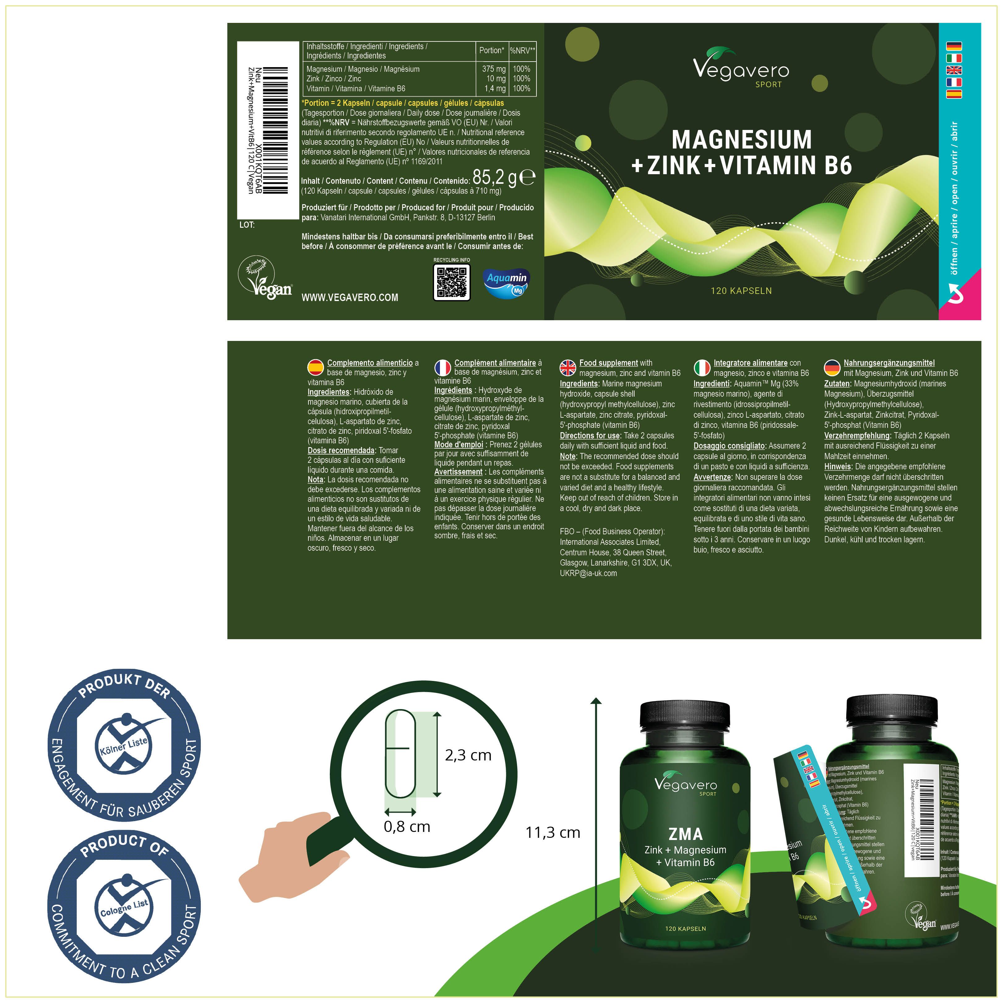 Produktverpackung mit Etikett. Aufschrift: Magnesium + Zink + Vitamin B6. 120 Kapseln. Abmessungen: 11,3 cm hoch, 0,8 cm breit, 2,3 cm lang.