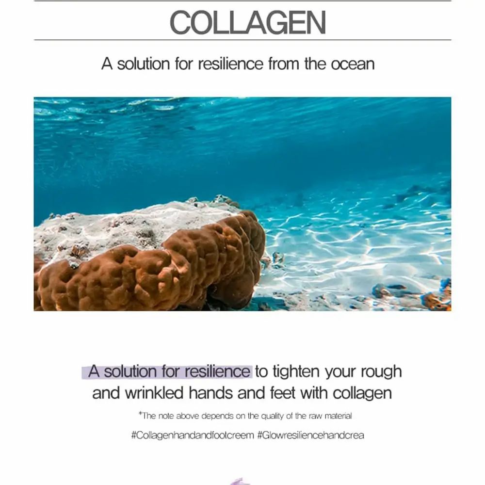 Unterwasserbild mit Korallen und Text: Collagen, Lösung für Widerstandsfähigkeit. Text: Für raue Hände und Füße.
