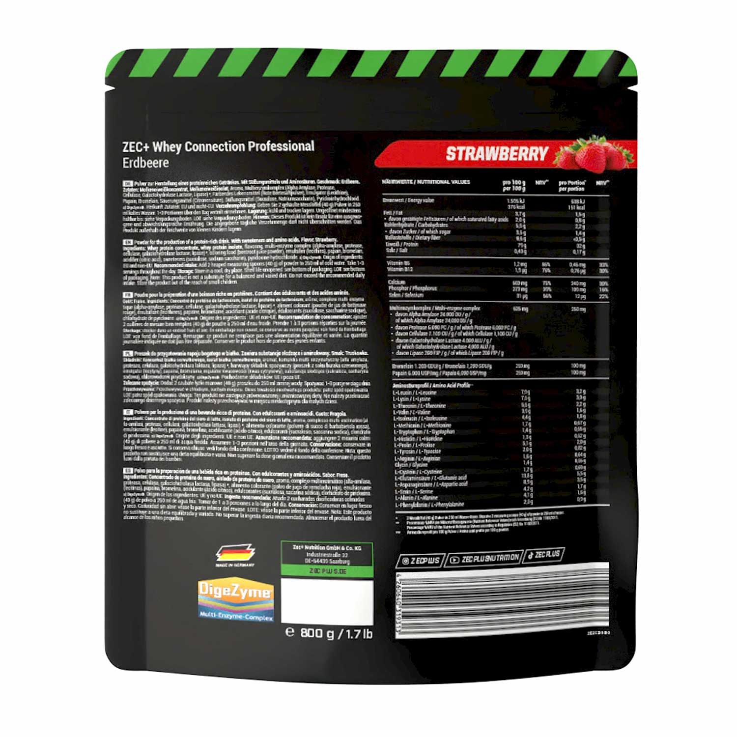 Rückseite der Verpackung "ZEC+ WHEY CONNECTION PROFESSIONAL Erdbeere". Text mit Nährwertangaben und Inhaltsstoffen. Erdbeeren.