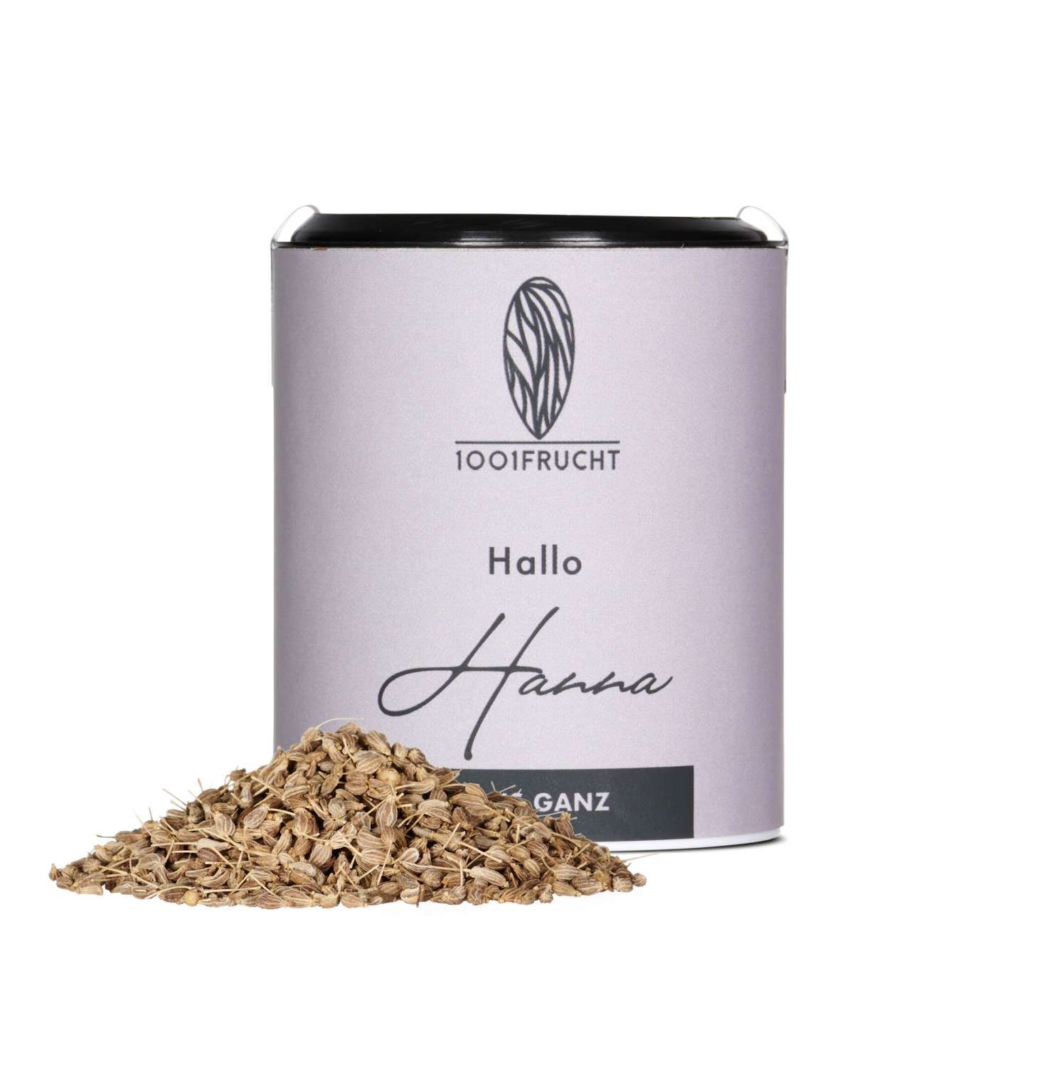 Zylindrische Dose mit Aufschrift "1001 Frucht". Daneben ein Haufen getrockneter Anis-Stücke. Text: "Hallo Hanna Ganz".