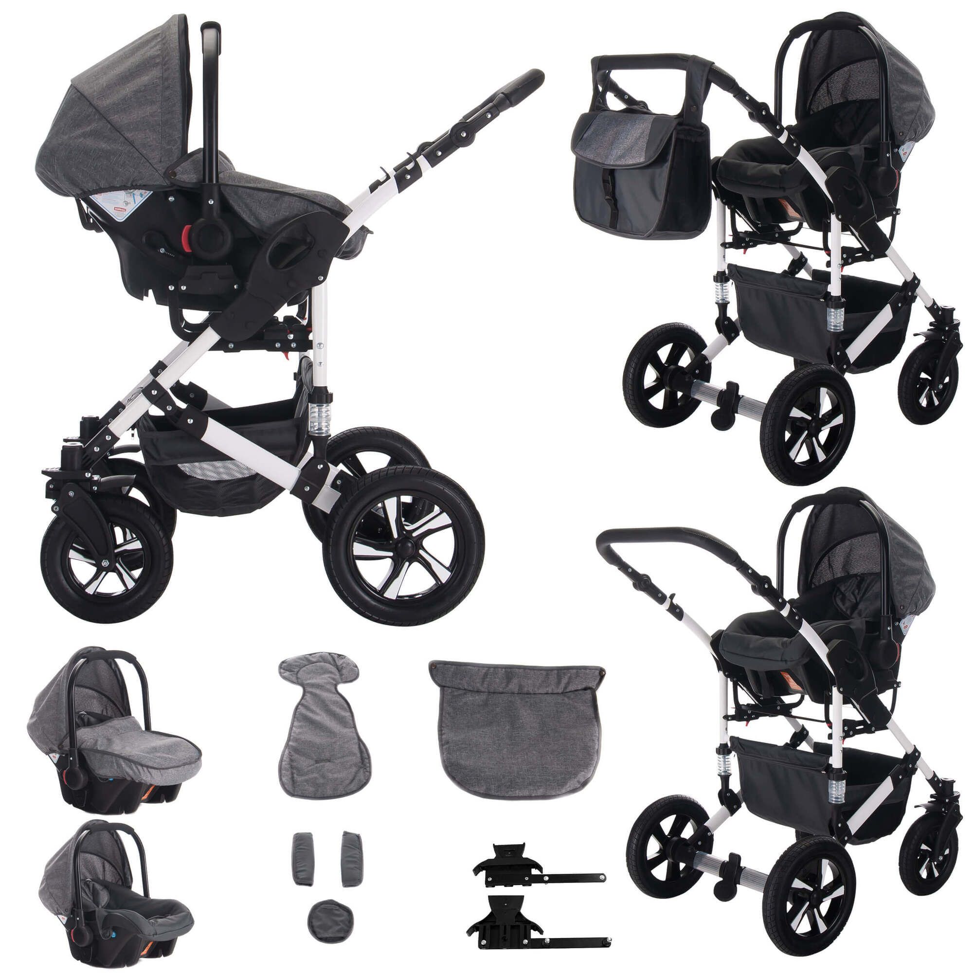 Grau-schwarzes Kinderwagen-Set mit Luftreifen. Enthält Babywanne, Sportsitz, Babyschale und Zubehör. Mehrere Ansichten.