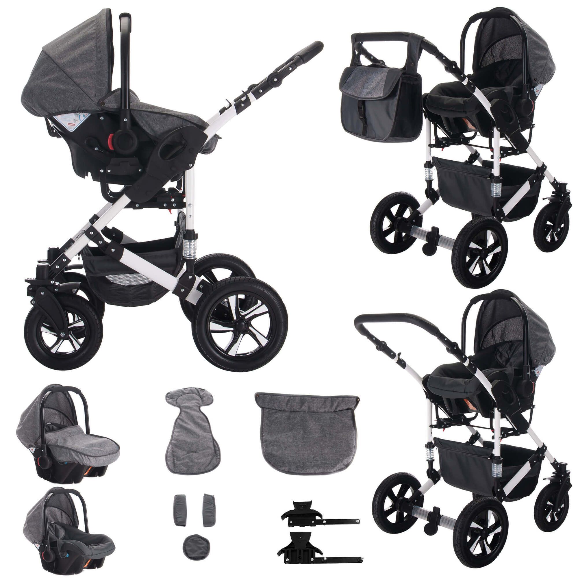 Bebebi Florida 4 in 1 Kinderwagen Komplettset ISOFIX Basis Hartgummireifen, Flojeans