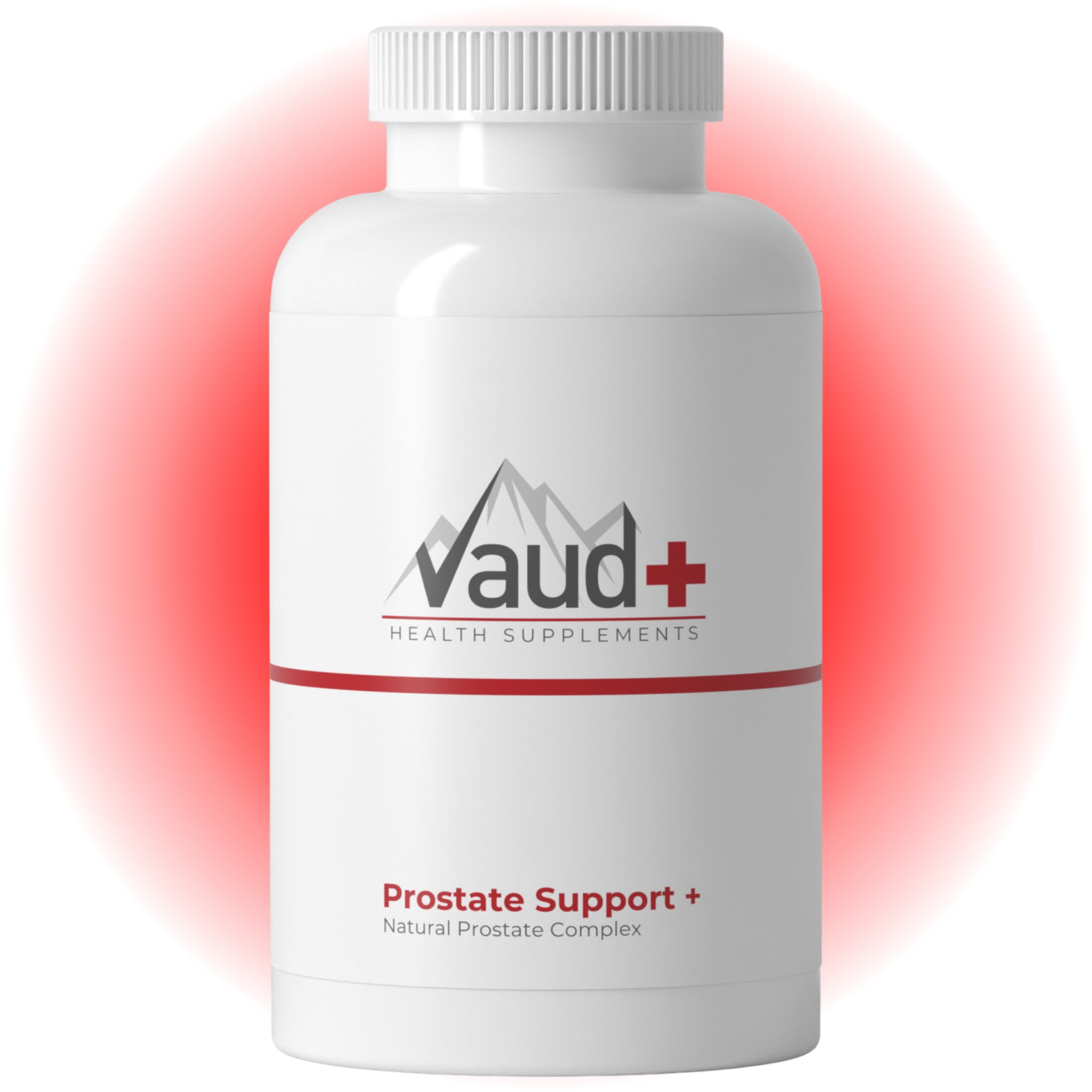 Weiße Flasche mit Kapseln. Aufschrift: Vaud+ Health Supplements. Prostate Support + Natural Prostate Complex.