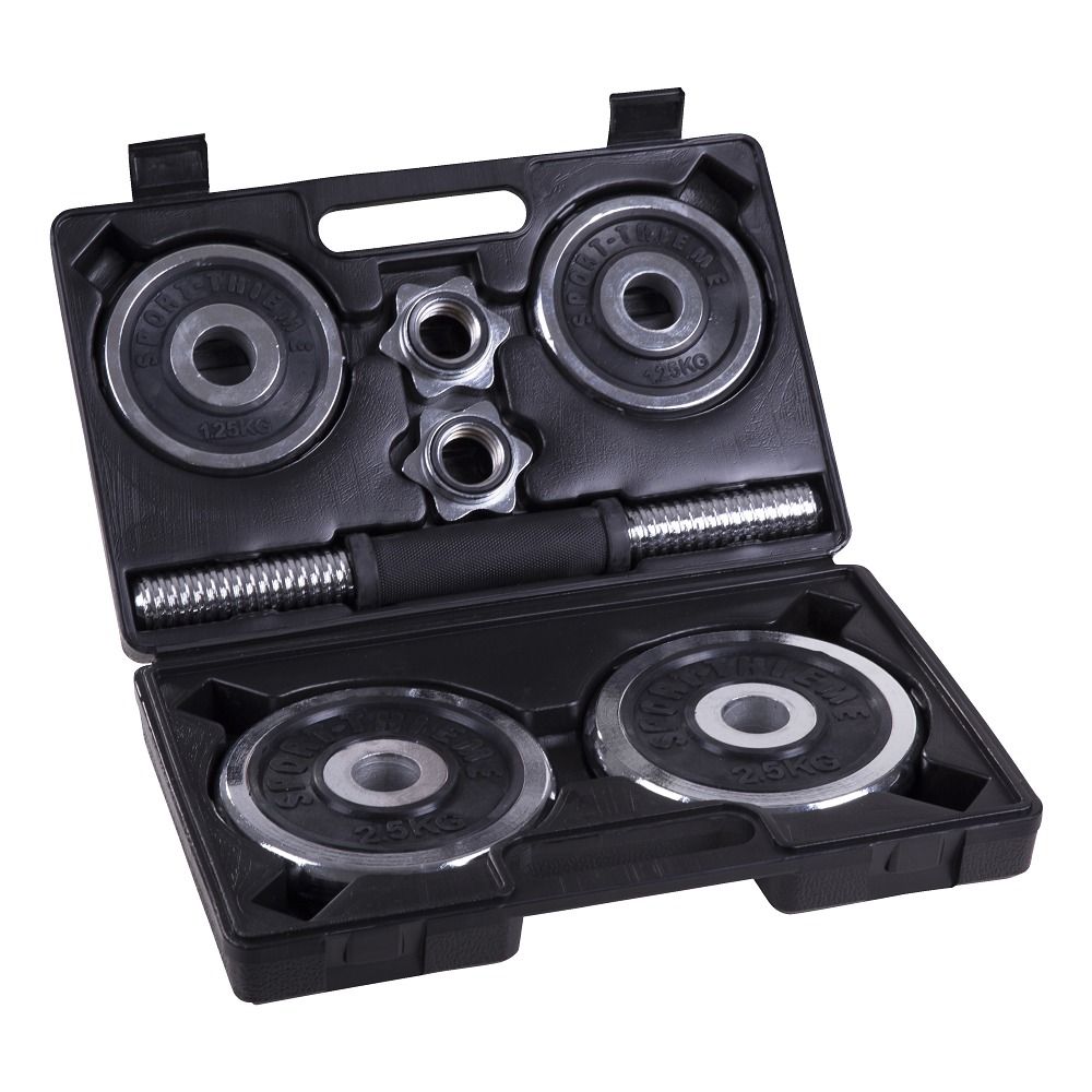 Kurzhantel-Set in schwarzem Koffer. Enthält Hantelscheiben, Hantelstange und Verschlüsse. Scheiben mit Gewichtangabe.