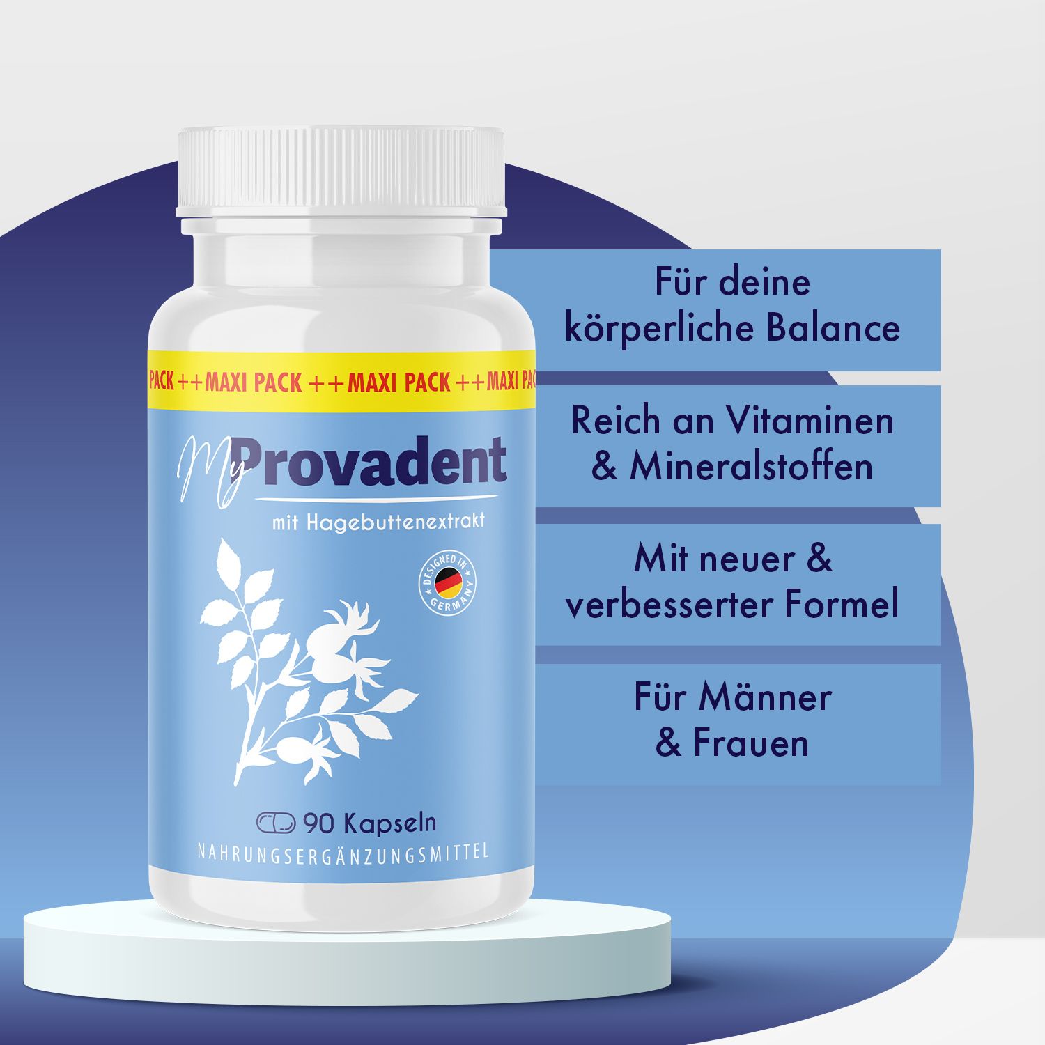 My Provadent Kapseln, weiße Flasche. Aufschrift: 90 Kapseln. Informationen: Balance, Vitamine, Mineralstoffe, neue Formel, für Männer & Frauen.