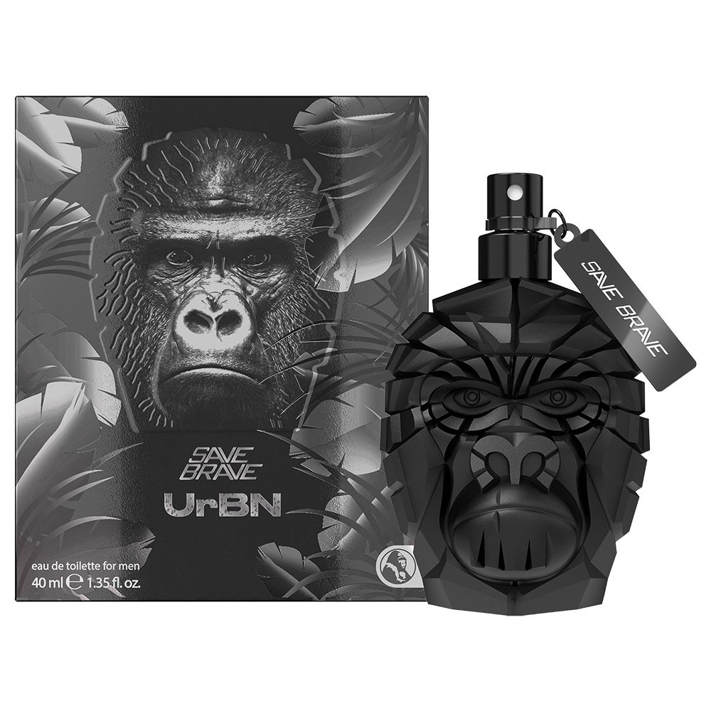 Schwarzer Flakon in Gorillakopf-Form neben einer Schachtel. Auf der Schachtel: Gorilla-Gesicht, "SAVE BRAVE UrBN" und "eau de toilette for men".