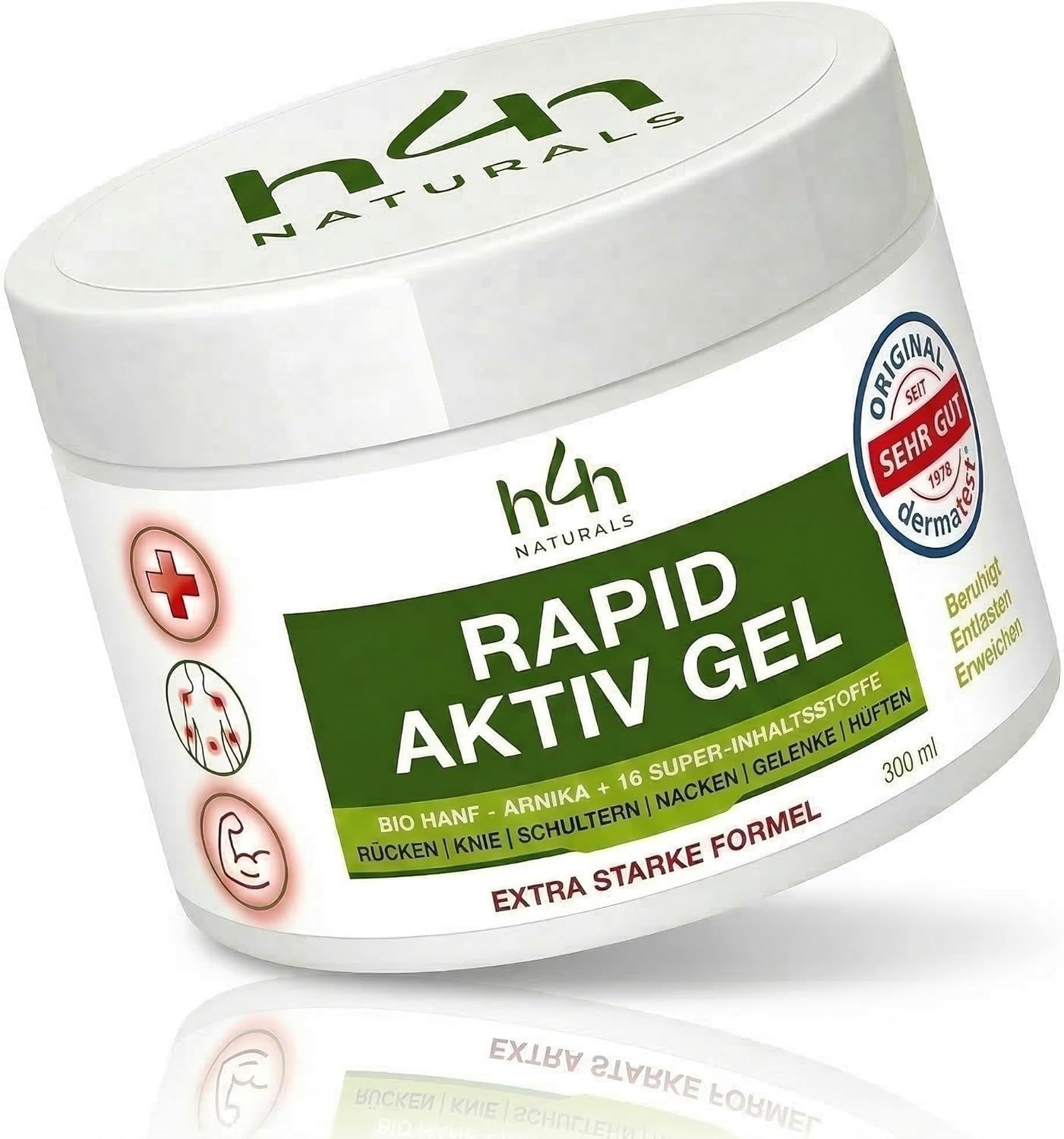 Weißes Tiegel mit grünem Etikett. Text: Rapid Aktiv Gel. Logos: Dermatologisch getestet, Original.