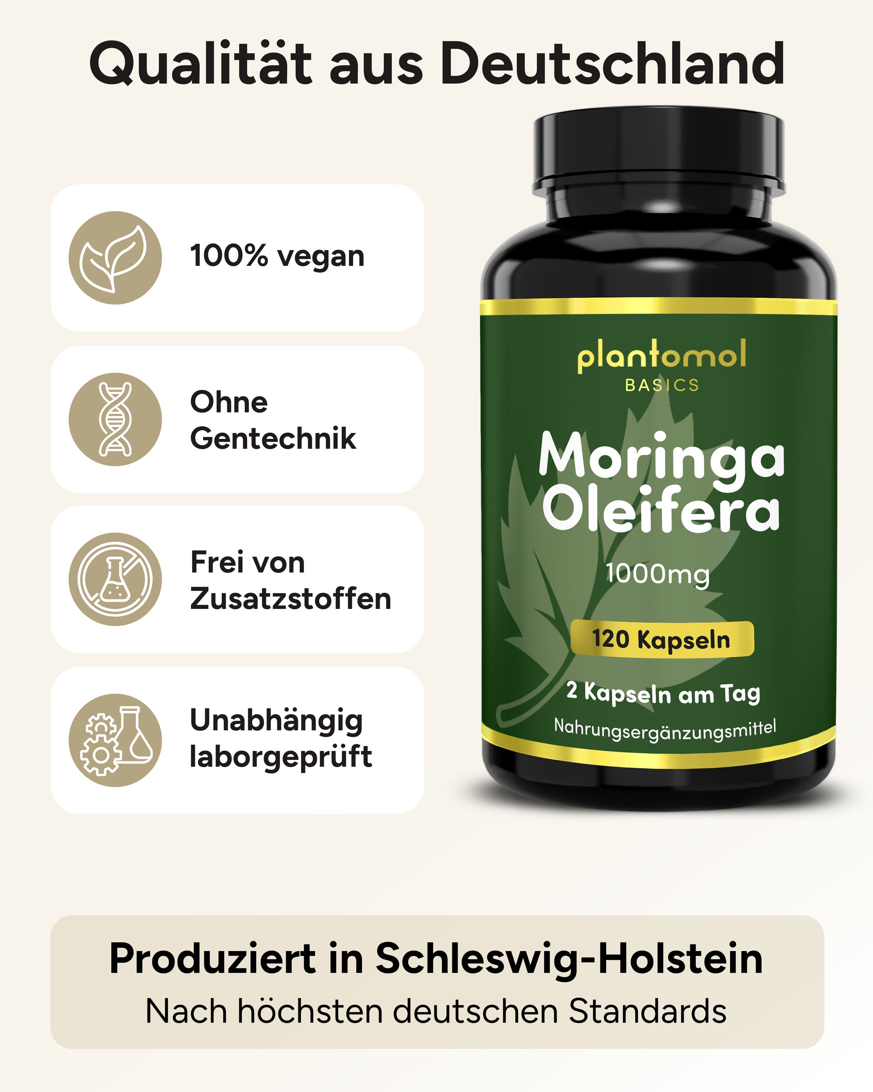 Qualität aus Deutschland. 100% vegan, ohne Gentechnik, ohne Zusatzstoffe, laborgeprüft. Produktflasche.