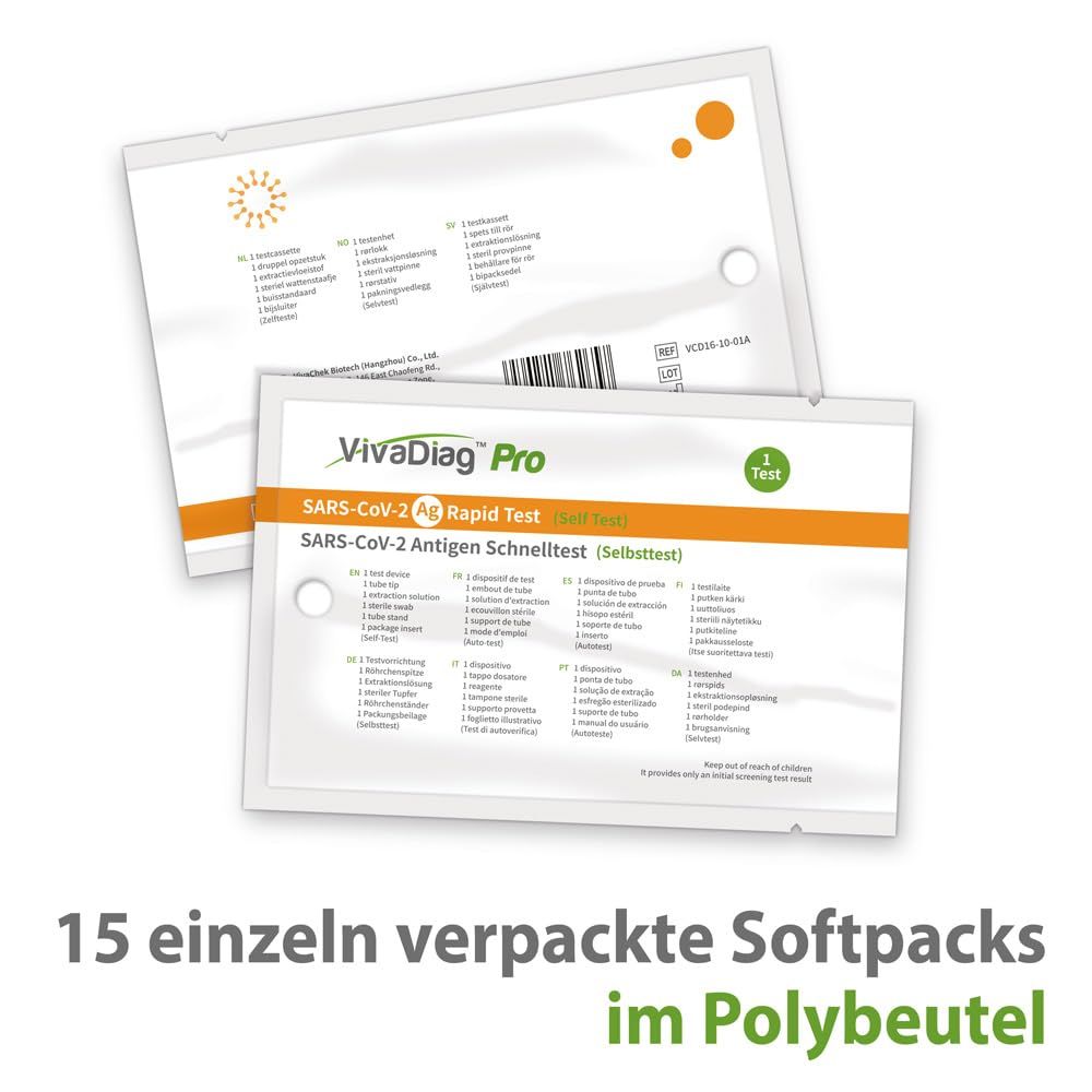 Mehrere einzeln verpackte VivaDiag Pro Corona Antigen Schnelltests. Verpackung mit Produktinformationen und Text '15 einzeln verpackte Softpacks'.