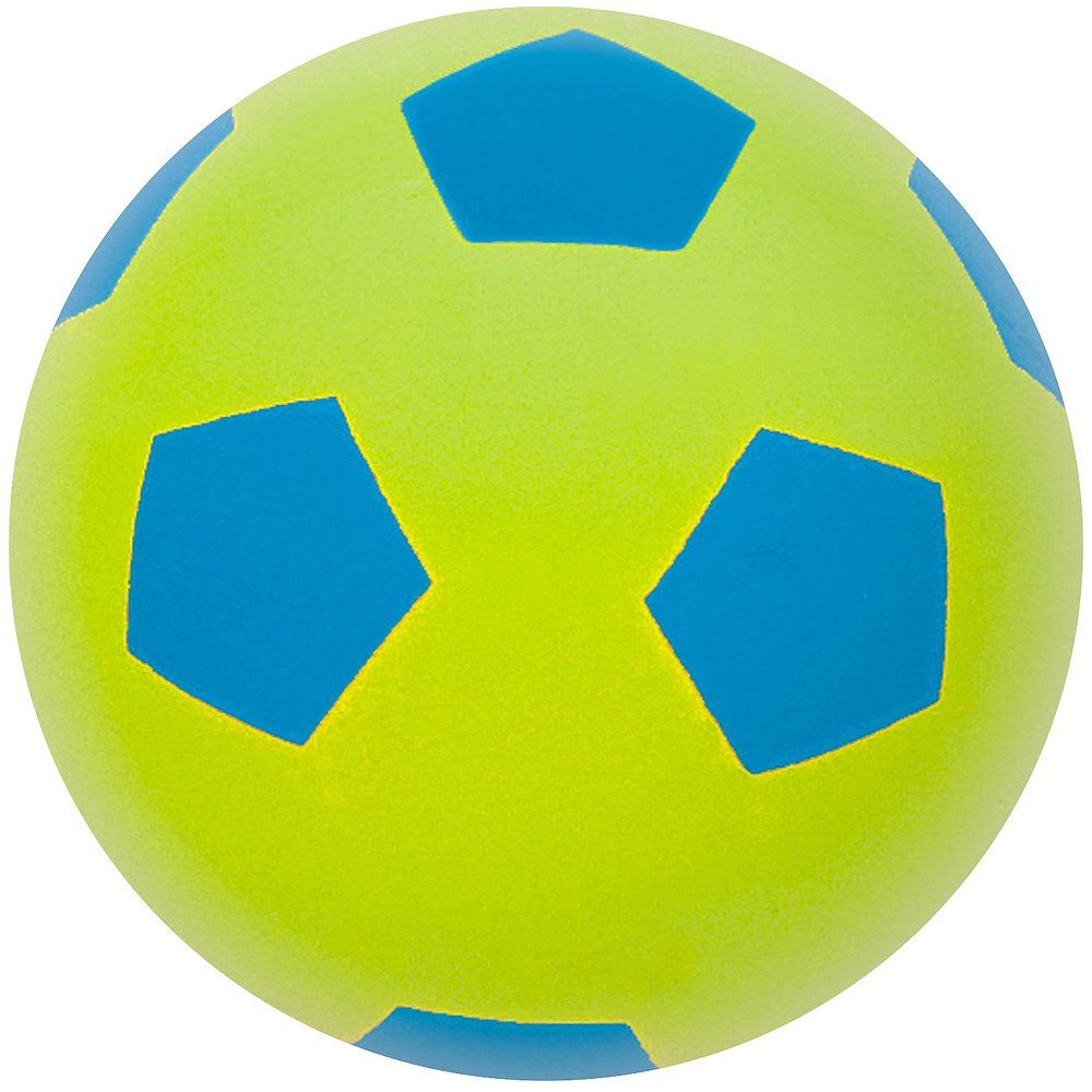 Weicher Schaumstoffball in Fußballform, neongrün mit blauen Fünfecken.