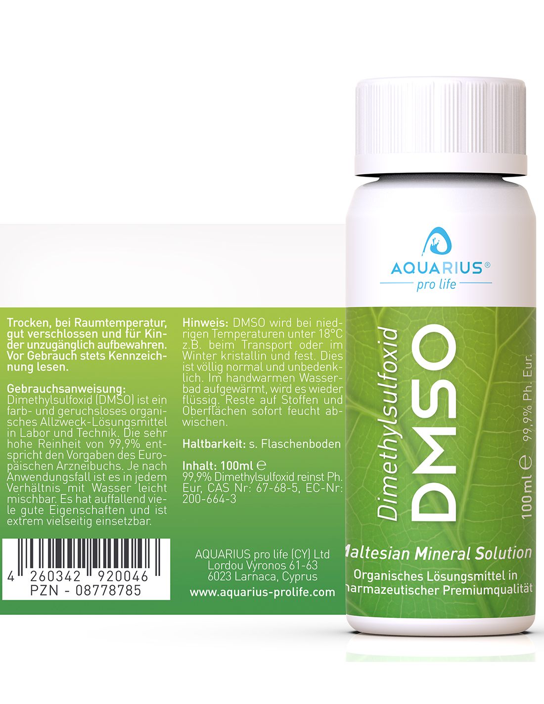 Flacone con etichetta e testo. Scritta: DMSO, Dimetilsolfossido, AQUARIUS pro life. 99,9% Ph. Eur. Soluzione minerale maltese. Testo in tedesco.
