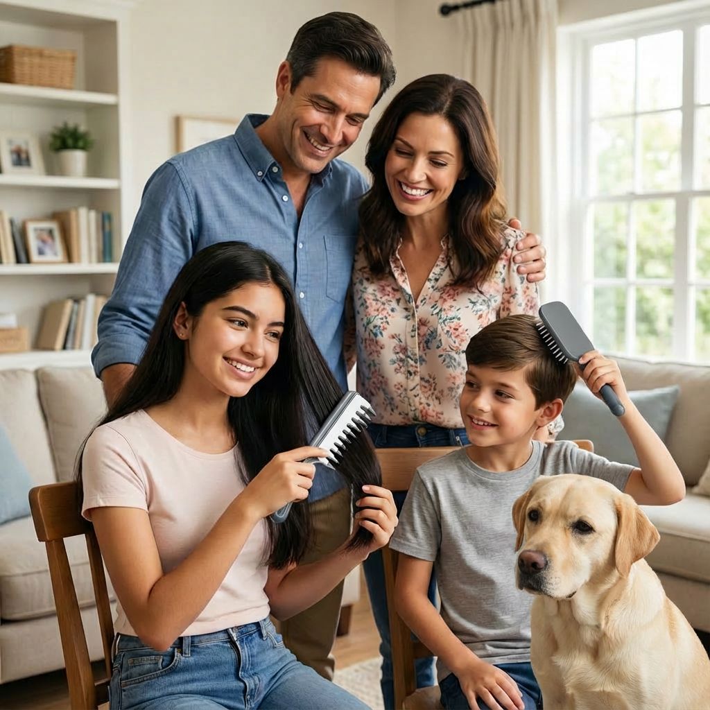 Familie kämmt sich die Haare. Ein Kind und ein Erwachsener kämmen sich gegenseitig. Hund im Vordergrund.