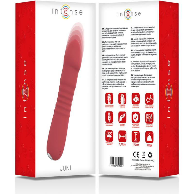 Verpackung mit rotem Vibrator. Text: Intense, Juni. Produktabbildung und Icons. BPA-frei.