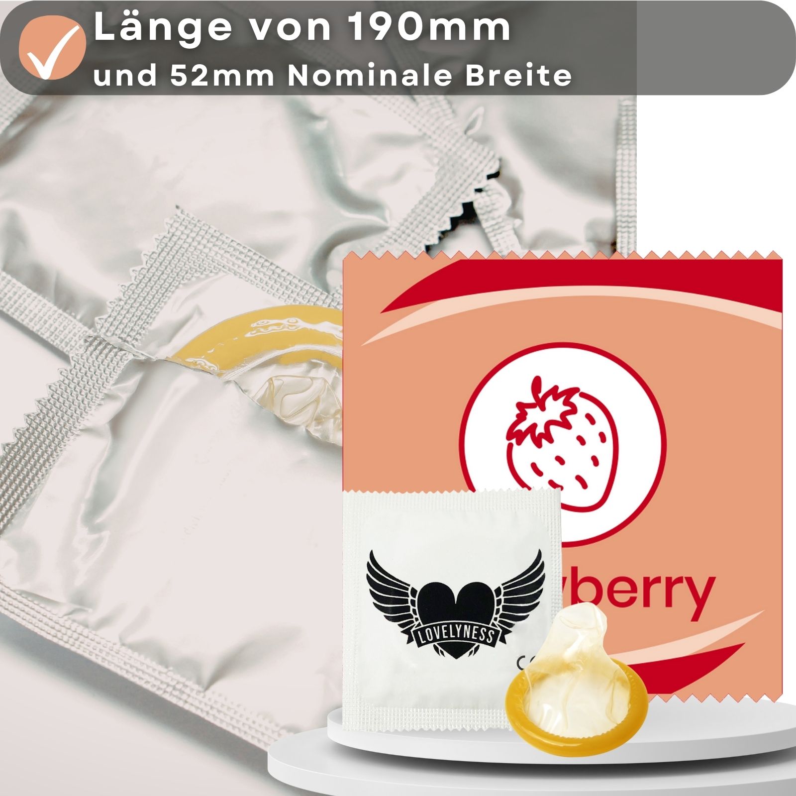 Kondom mit Erdbeergeschmack, 190mm lang, 52mm breit. Einzeln verpackt.