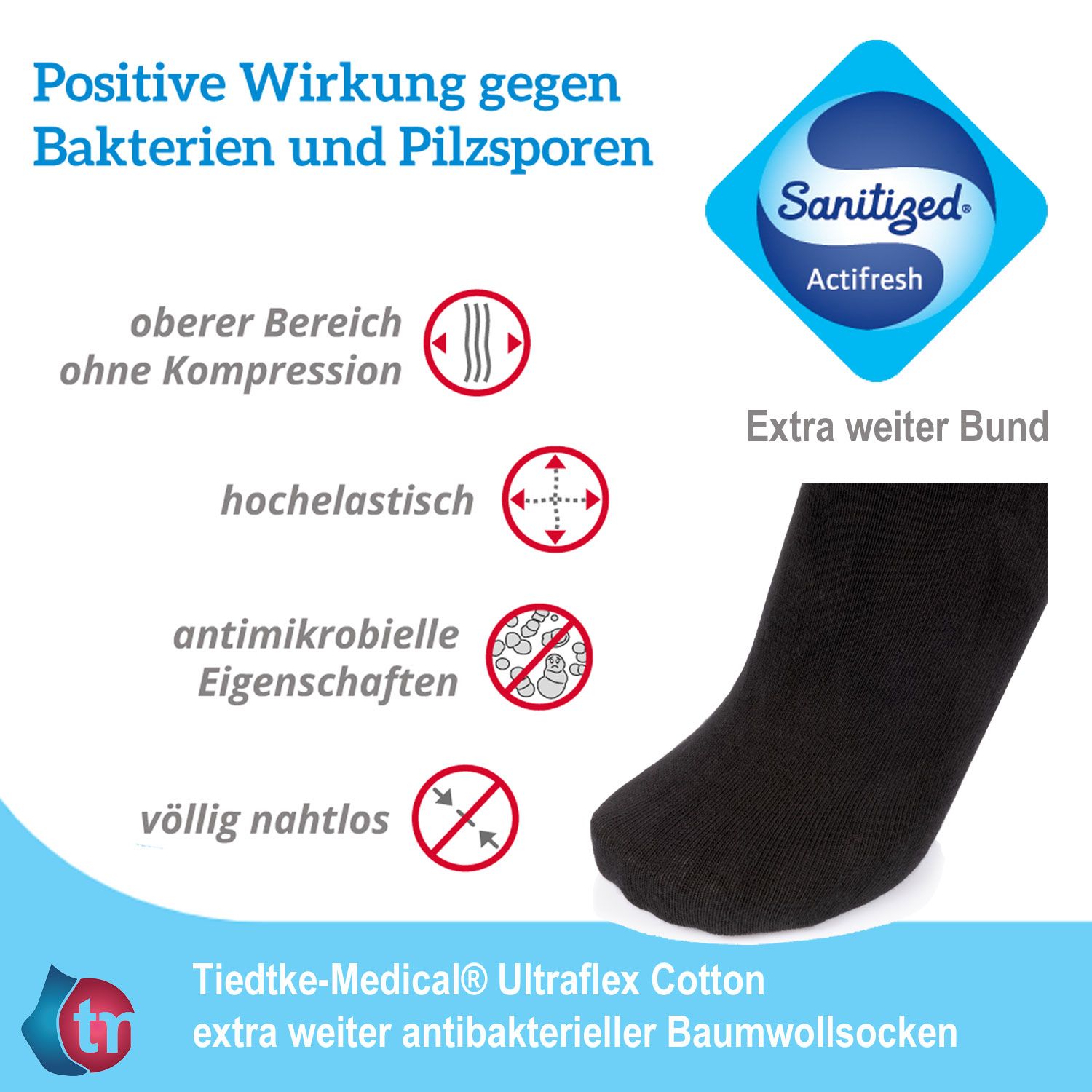 Schwarze Diabetikersocke mit Text und Logos. Zertifizierung 'Sanitized'.