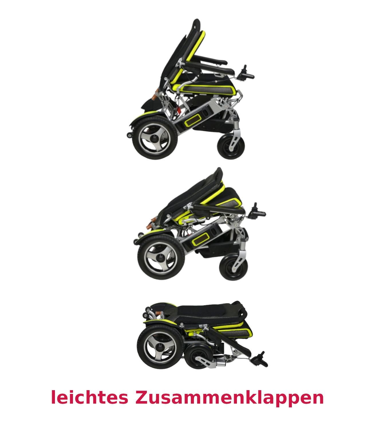 Elektrorollstuhl in drei Faltstadien. Text: leichtes Zusammenklappen.