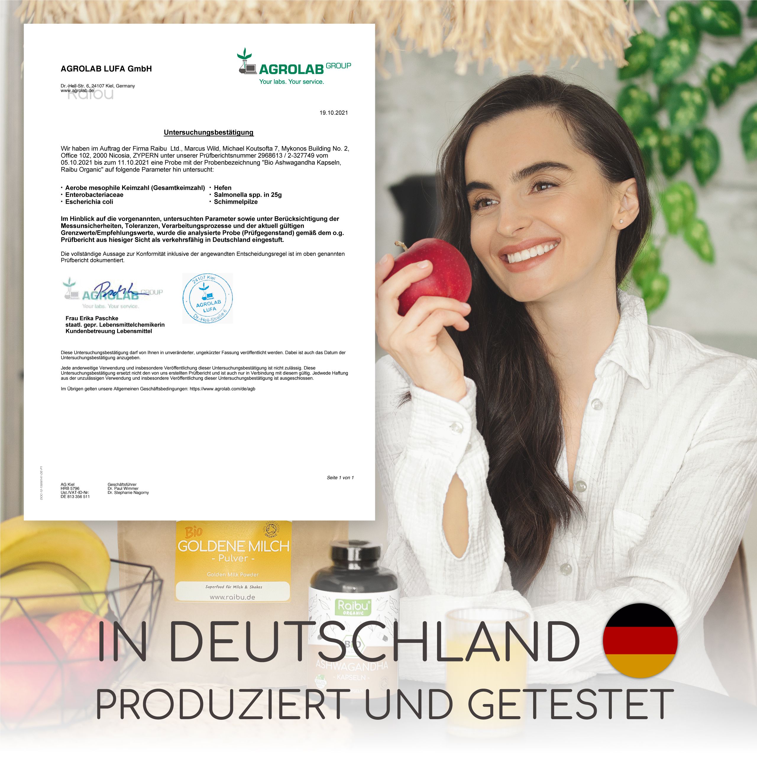 Zertifikat mit Text und Stempeln. Frau mit Apfel. Text: IN DEUTSCHLAND PRODUZIERT UND GETESTET. Flagge Deutschland.